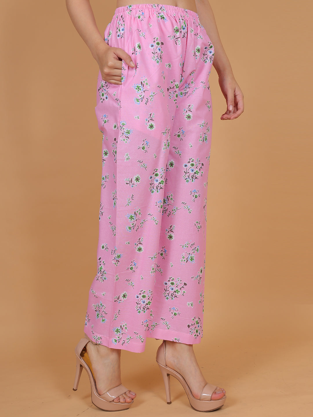 Women's Pink Printed Cotton Palazzo Pants with Pockets – Fits Size L(S to L) and Fits Size XXL (XL to 3XL)