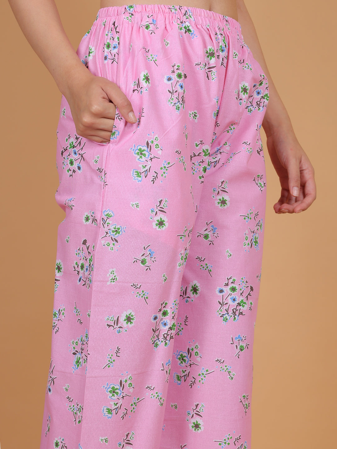 Women's Pink Printed Cotton Palazzo Pants with Pockets – Fits Size L(S to L) and Fits Size XXL (XL to 3XL)