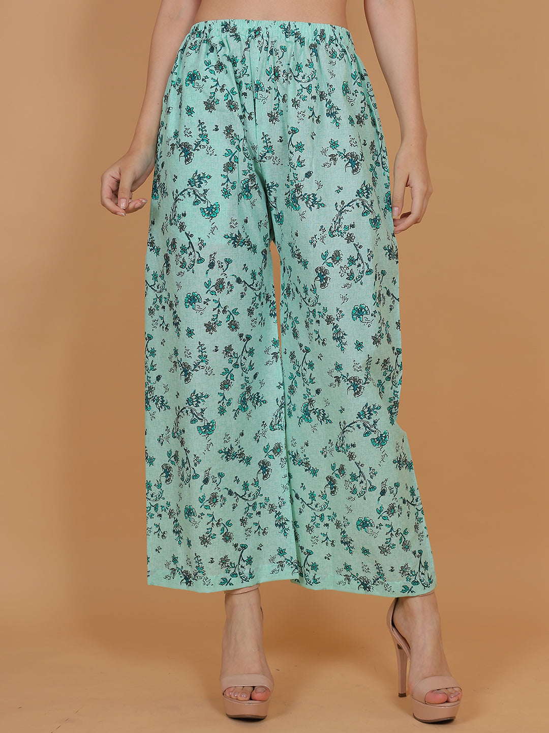 Women's Pista Green Printed Cotton Palazzo Pants with Pockets – Fits Size L(S to L) and Fits Size XXL (XL to 3XL)