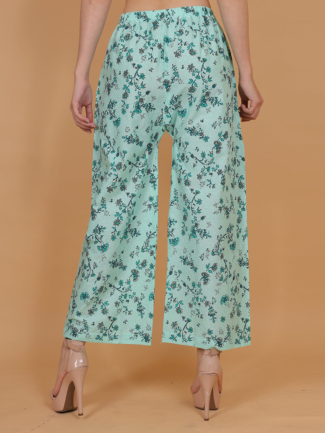 Women's Pista Green Printed Cotton Palazzo Pants with Pockets – Fits Size L(S to L) and Fits Size XXL (XL to 3XL)