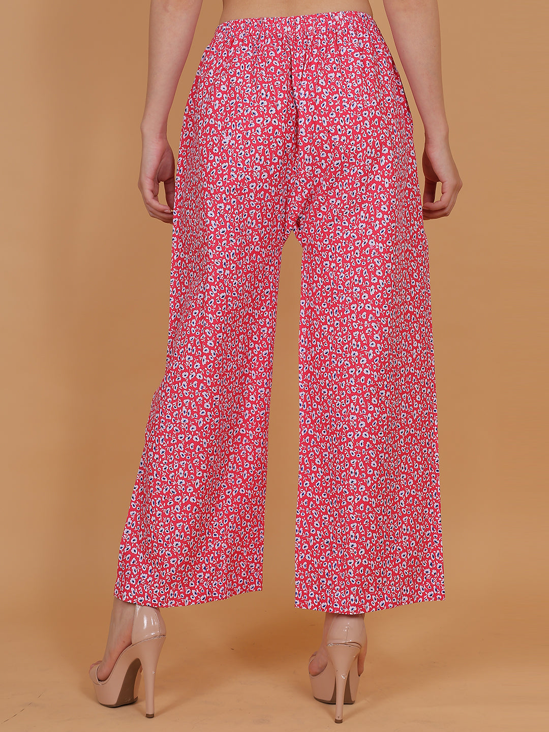 Women's Red Printed Cotton Palazzo Pants with Pockets – Fits Size L(S to L) and Fits Size XXL (XL to 3XL)