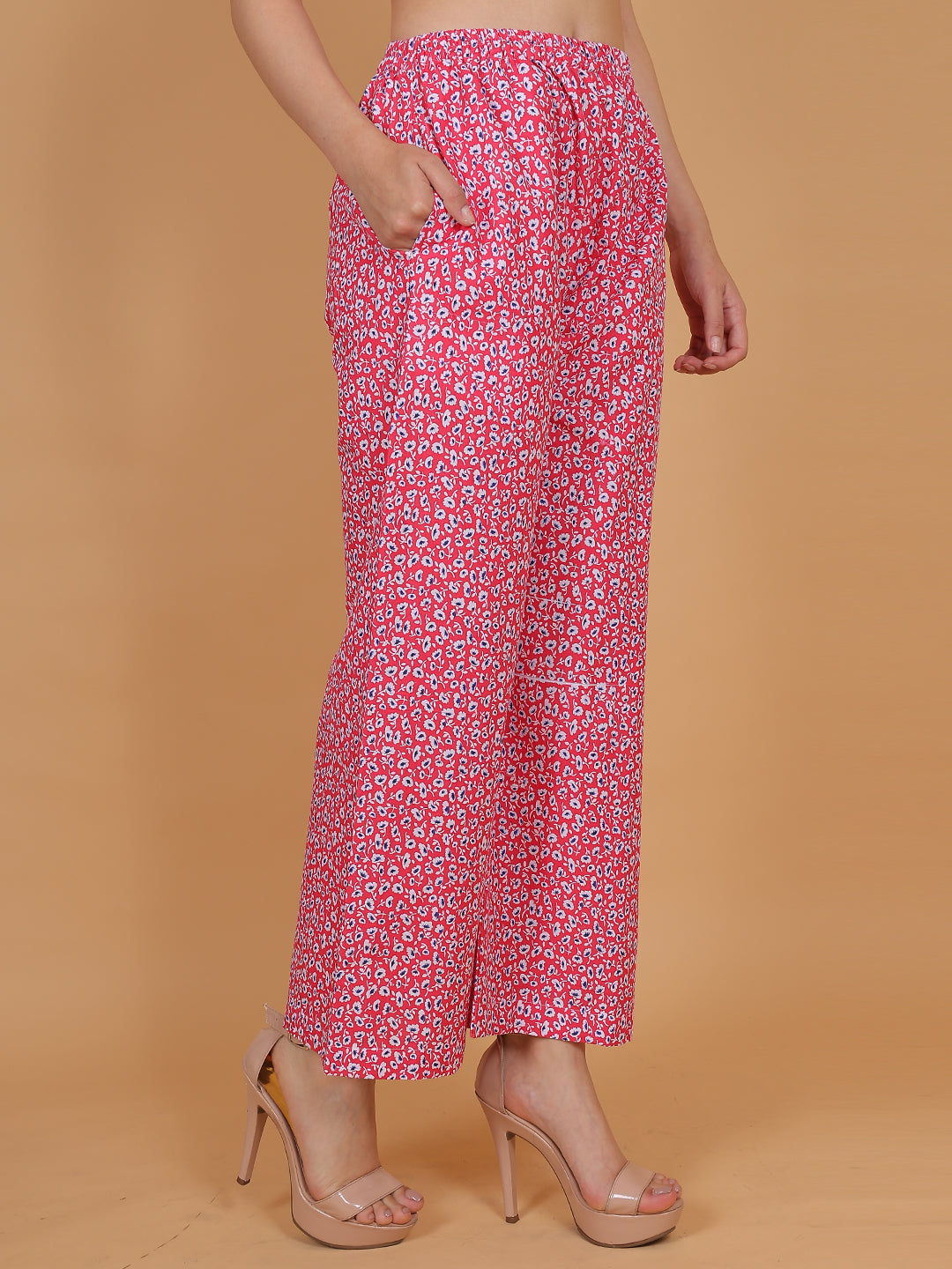 Women's Red Printed Cotton Palazzo Pants with Pockets – Fits Size L(S to L) and Fits Size XXL (XL to 3XL)