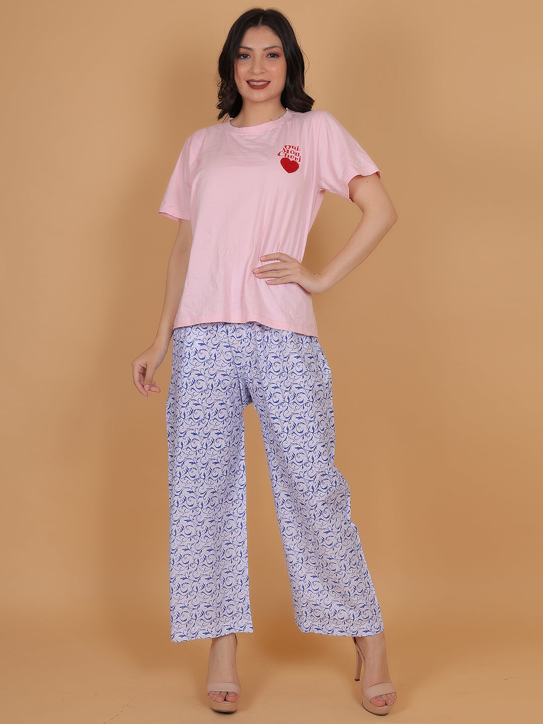 Women's White and Blue Printed Cotton Palazzo Pants with Pockets – Fits Size L(S to L) and Fits Size XXL (XL to 3XL)