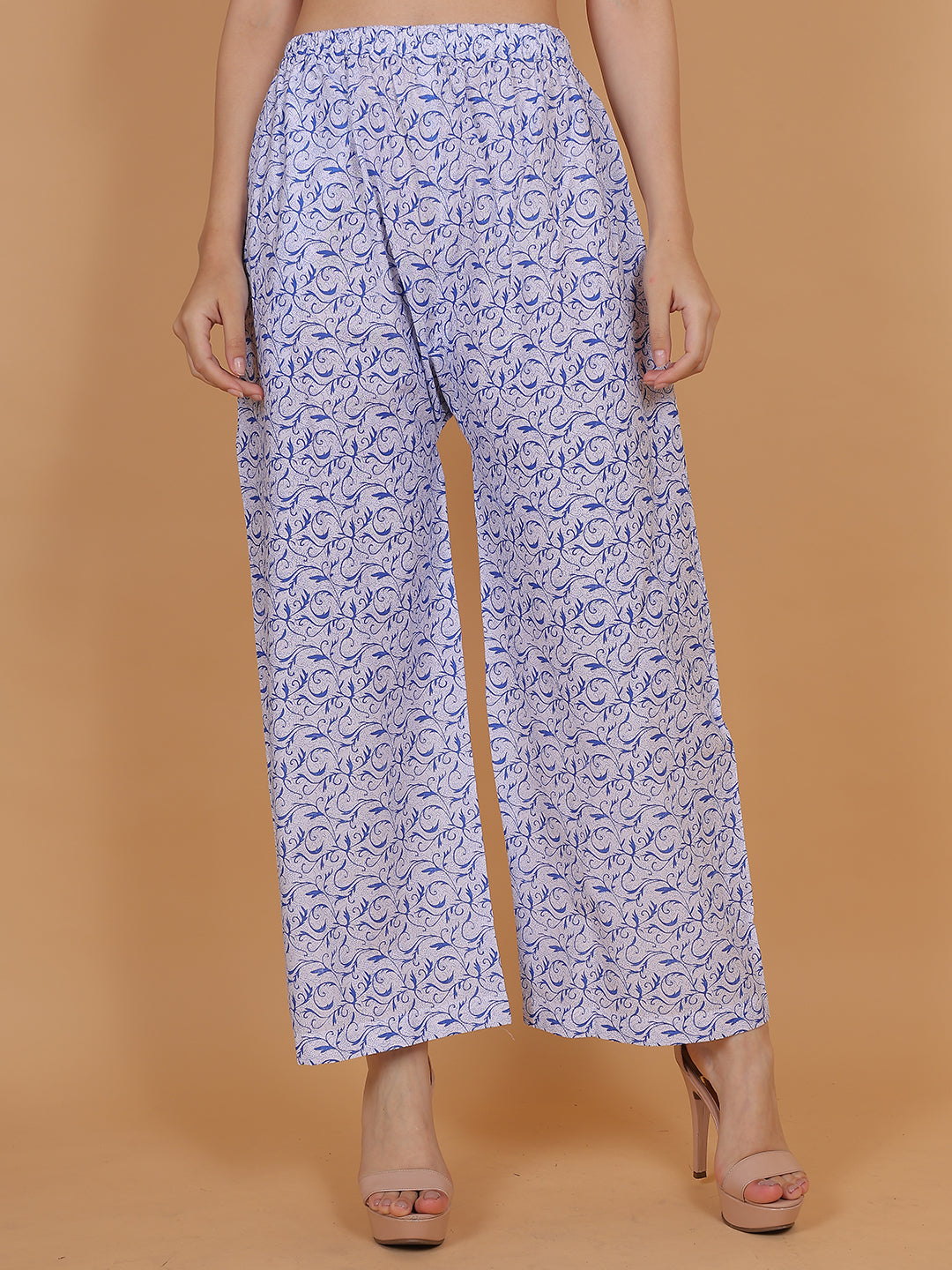 Women's White and Blue Printed Cotton Palazzo Pants with Pockets – Fits Size L(S to L) and Fits Size XXL (XL to 3XL)