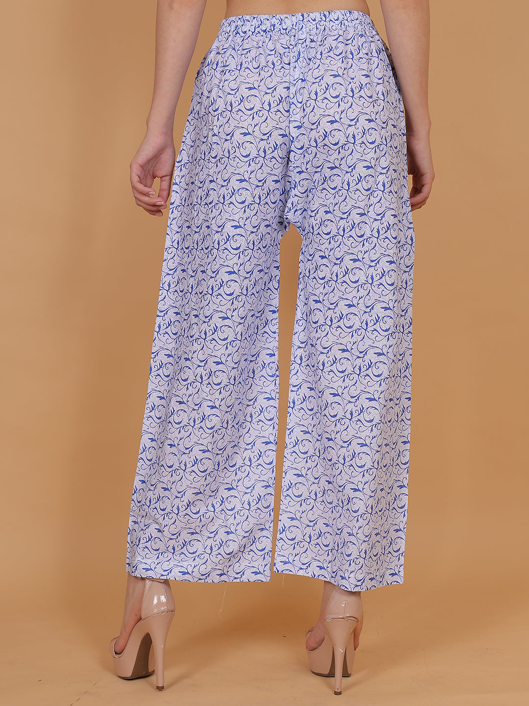 Women's White and Blue Printed Cotton Palazzo Pants with Pockets – Fits Size L(S to L) and Fits Size XXL (XL to 3XL)