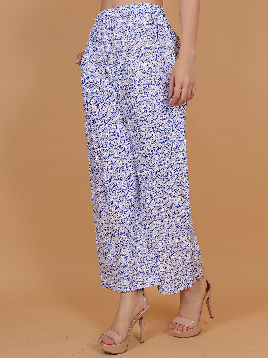 Women's White and Blue Printed Cotton Palazzo Pants with Pockets – Fits Size L(S to L) and Fits Size XXL (XL to 3XL)