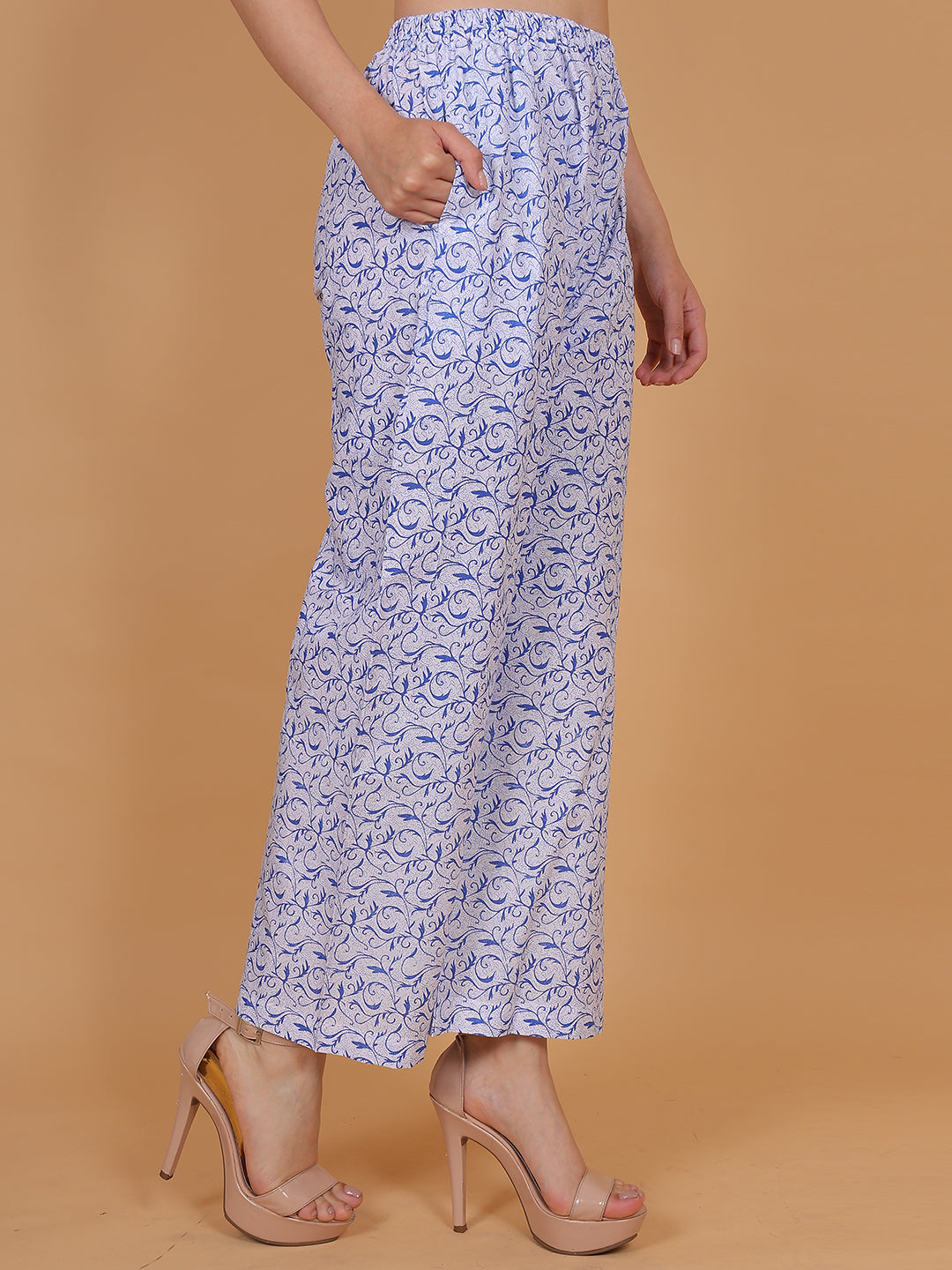 Women's White and Blue Printed Cotton Palazzo Pants with Pockets – Fits Size L(S to L) and Fits Size XXL (XL to 3XL)