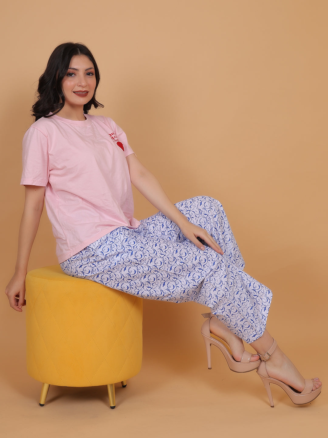 Women's White and Blue Printed Cotton Palazzo Pants with Pockets – Fits Size L(S to L) and Fits Size XXL (XL to 3XL)
