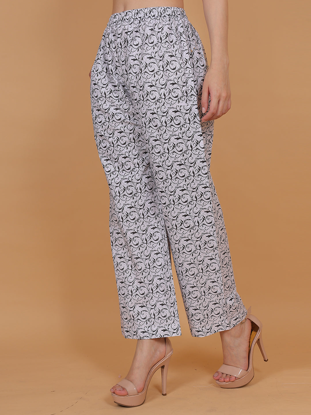 Women's White and Black Printed Cotton Palazzo Pants with Pockets – Fits Size L(S to L) and Fits Size XXL (XL to 3XL)