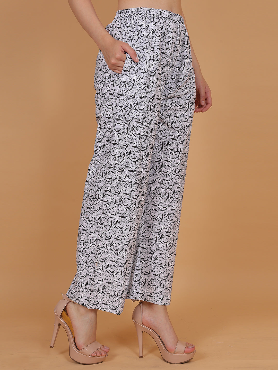Women's White and Black Printed Cotton Palazzo Pants with Pockets – Fits Size L(S to L) and Fits Size XXL (XL to 3XL)