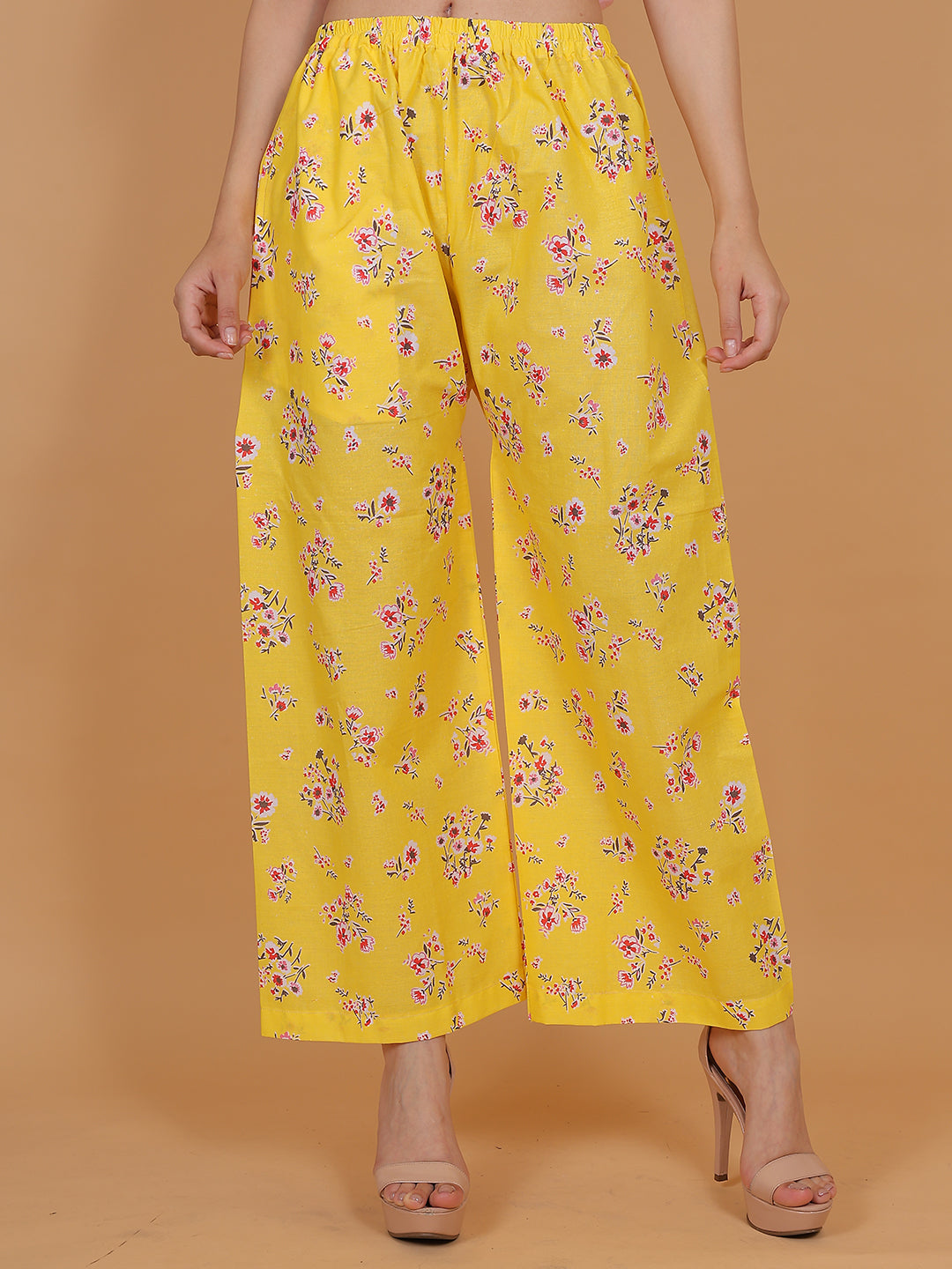 Women's Yellow Printed Cotton Palazzo Pants with Pockets – Fits Size L(S to L) and Fits Size XXL (XL to 3XL) L