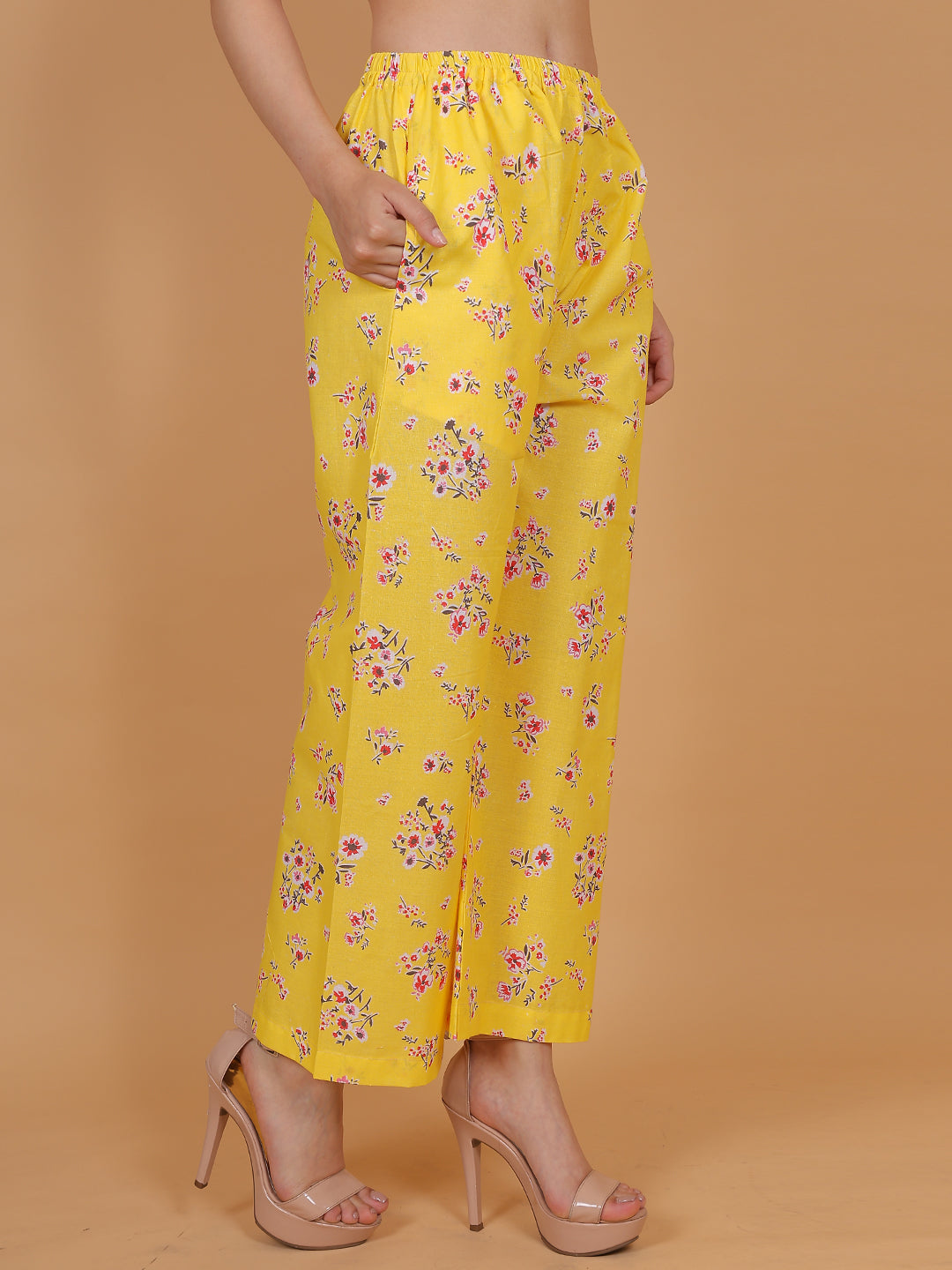 Women's Yellow Printed Cotton Palazzo Pants with Pockets – Fits Size L(S to L) and Fits Size XXL (XL to 3XL)