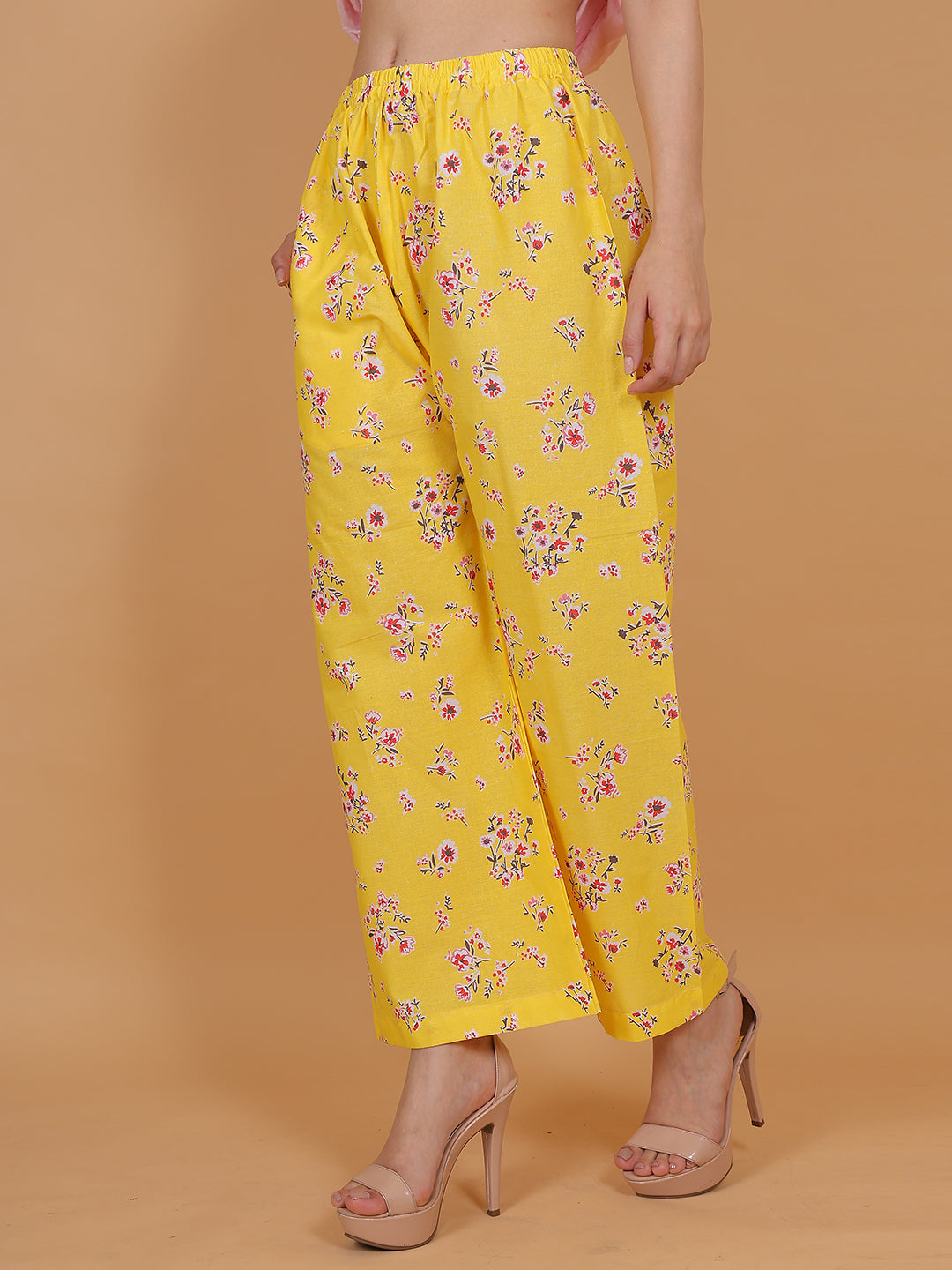 Women's Yellow Printed Cotton Palazzo Pants with Pockets – Fits Size L(S to L) and Fits Size XXL (XL to 3XL)