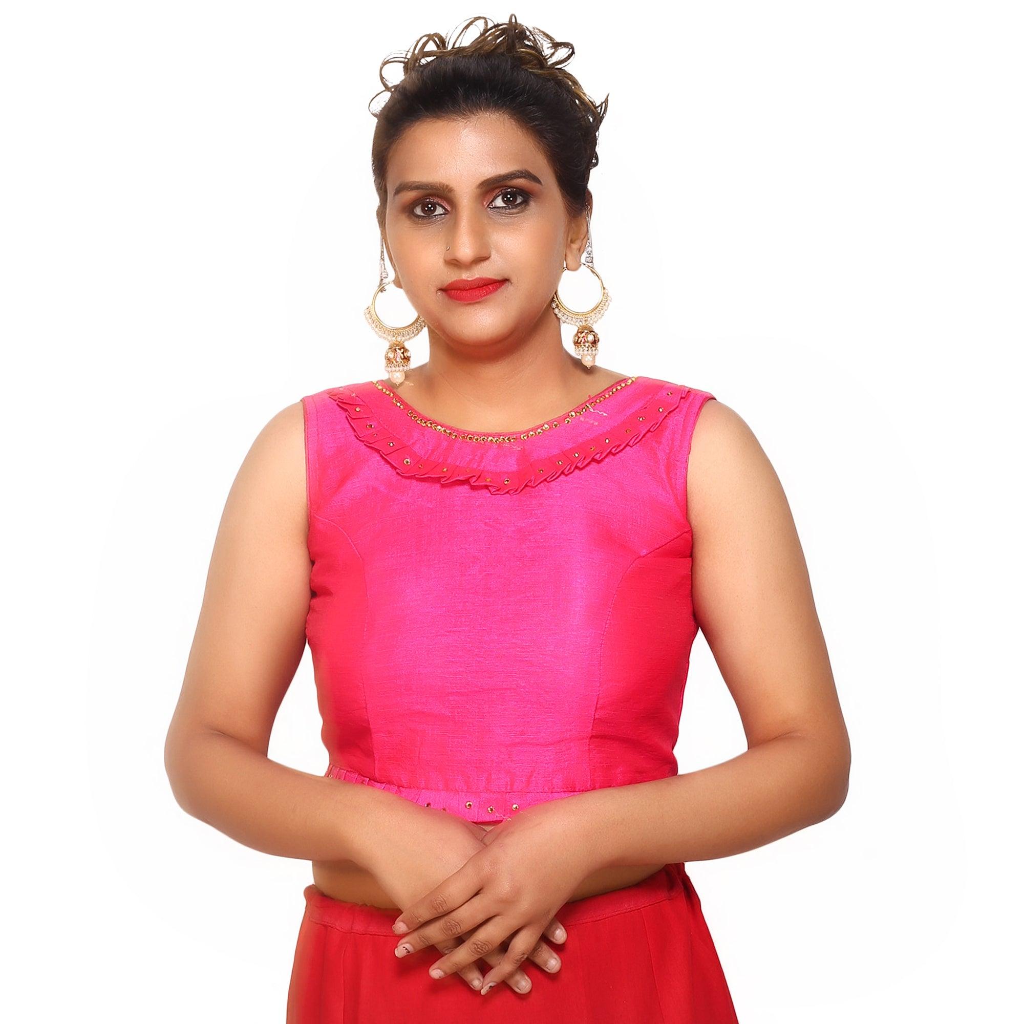 Boat Neck Rani Pink Solid Women Blouse Rani Pink