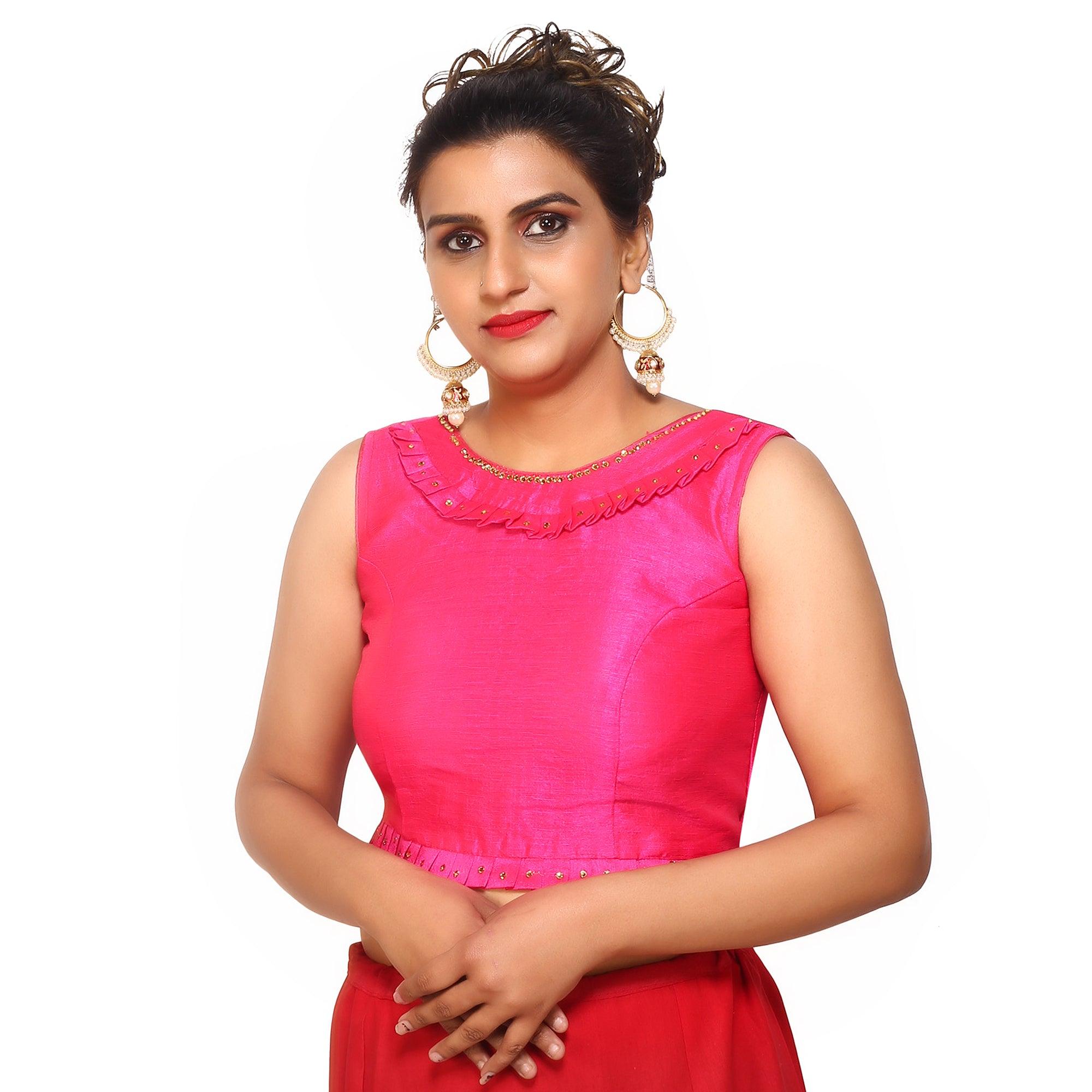Boat Neck Rani Pink Solid Women Blouse