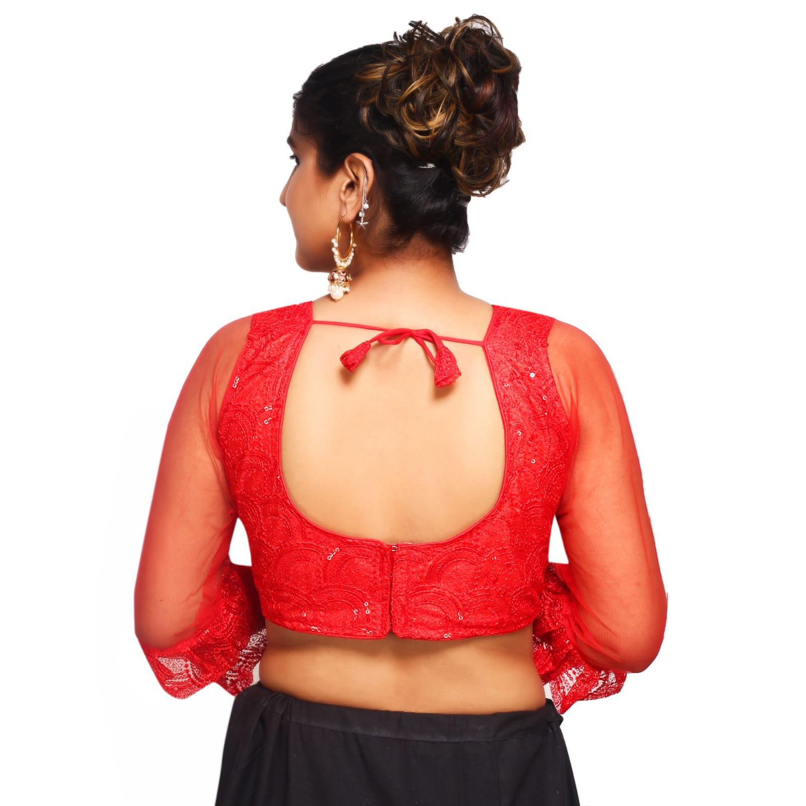 V Neck Red Machine Embroidery Women Blouse