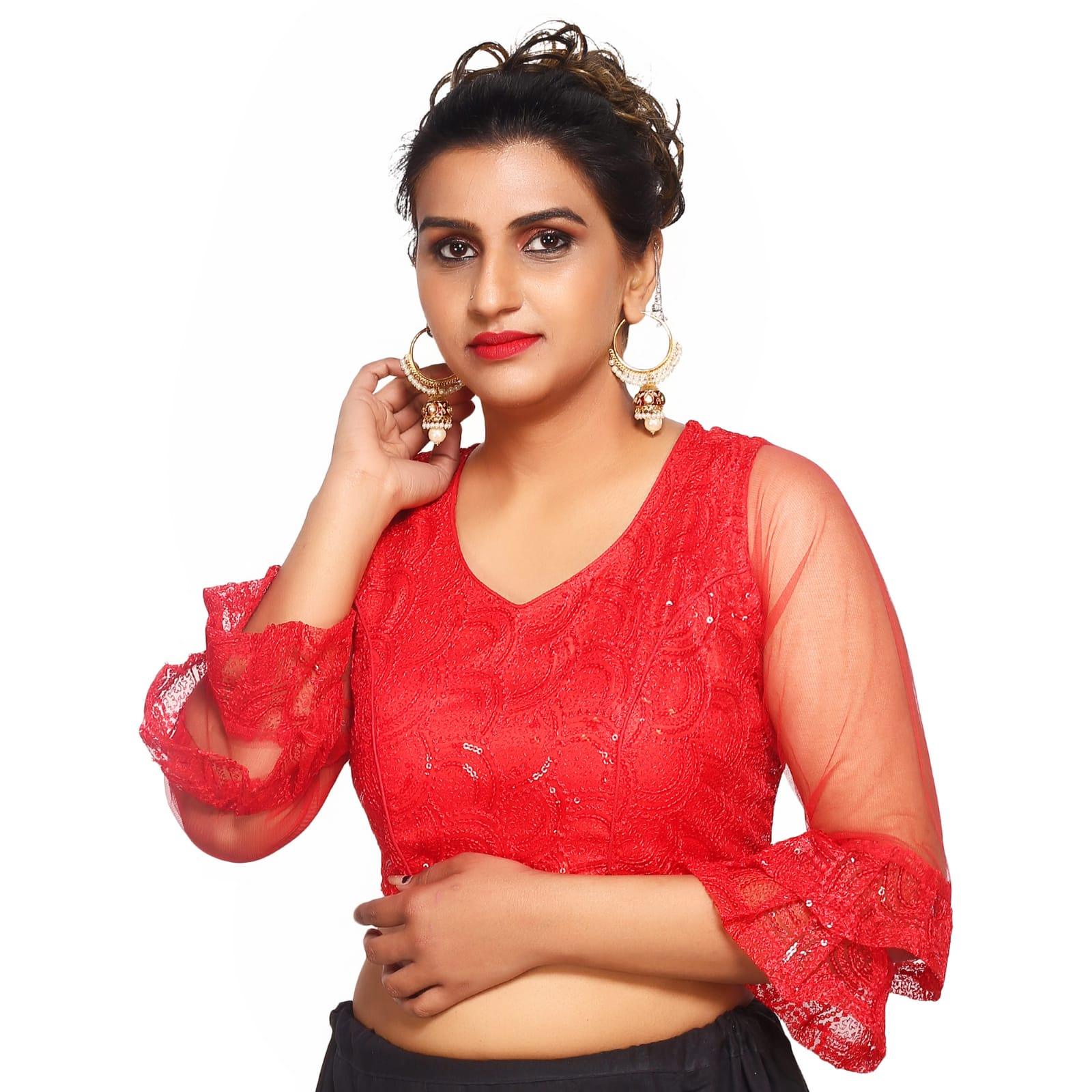 V Neck Red Machine Embroidery Women Blouse