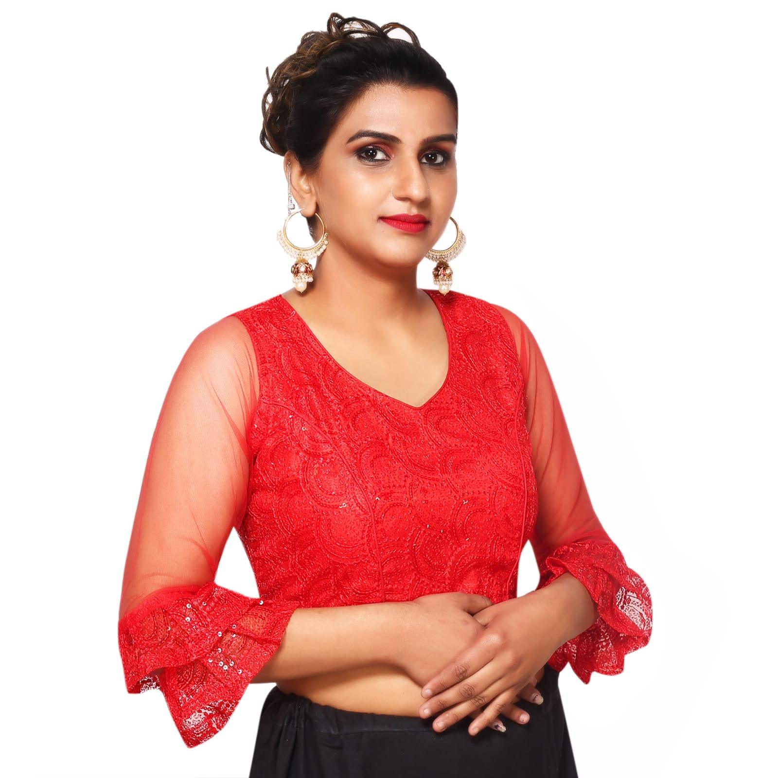 V Neck Red Machine Embroidery Women Blouse