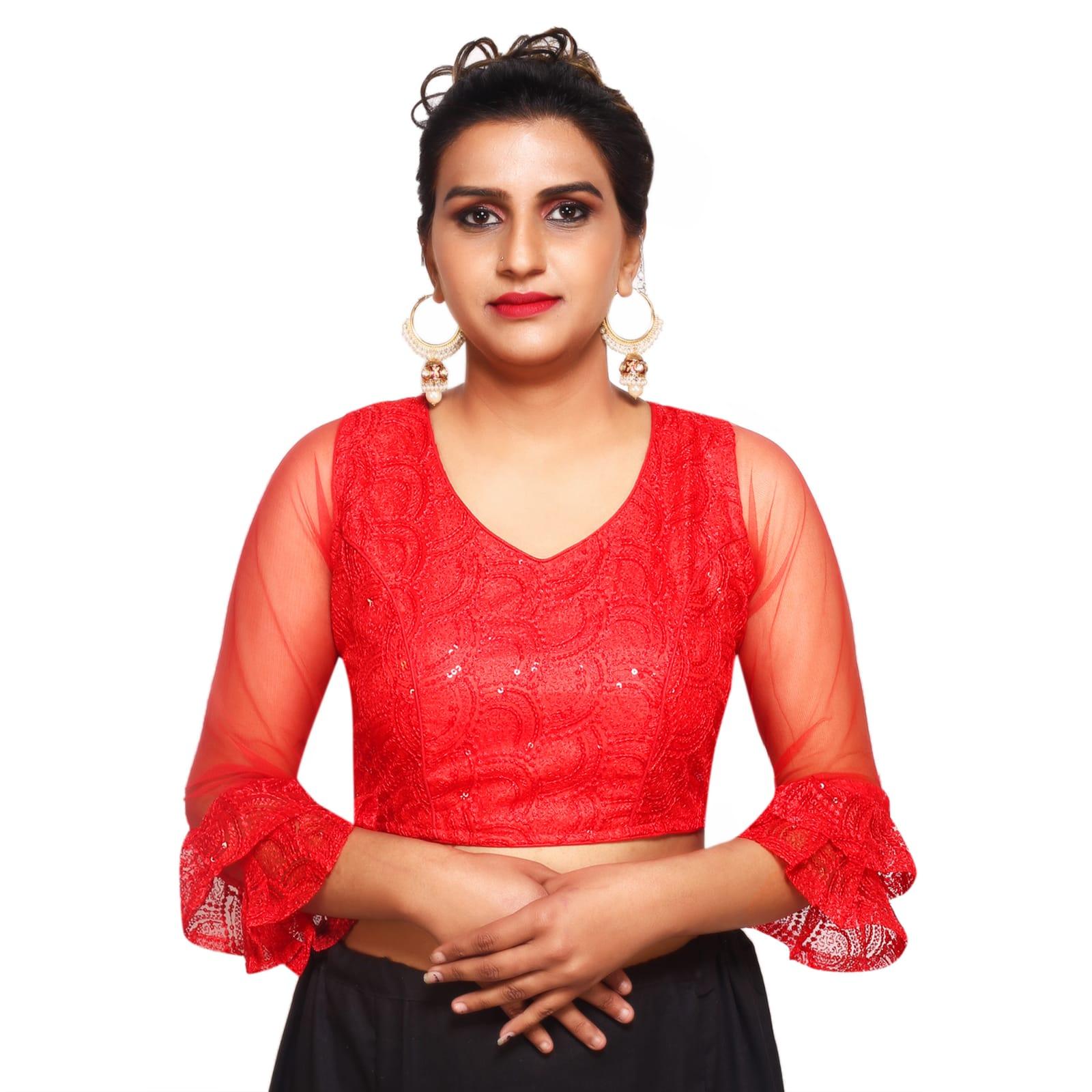 V Neck Red Machine Embroidery Women Blouse Default Title
