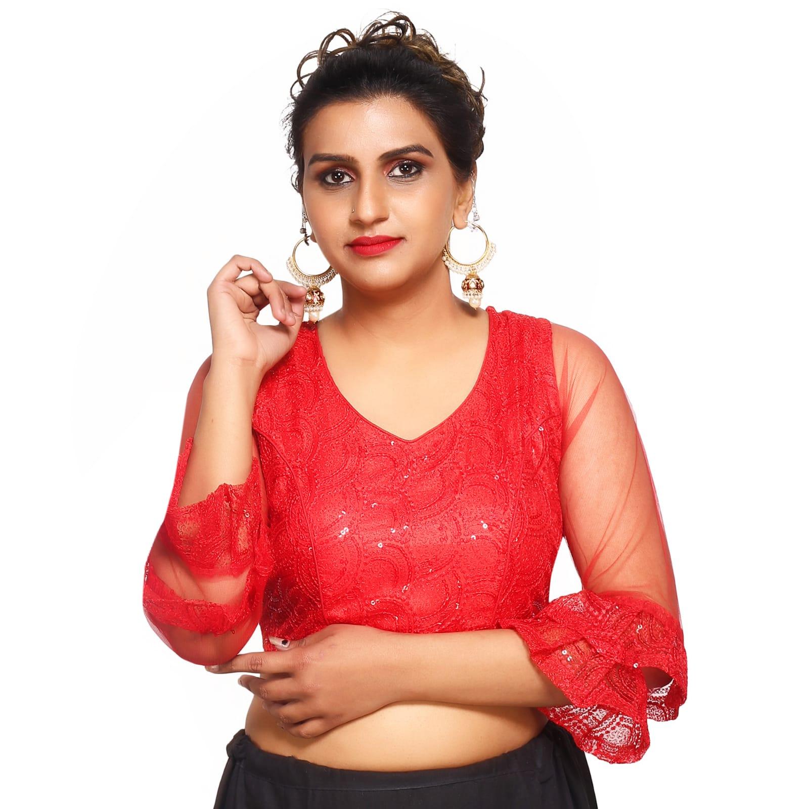 V Neck Red Machine Embroidery Women Blouse