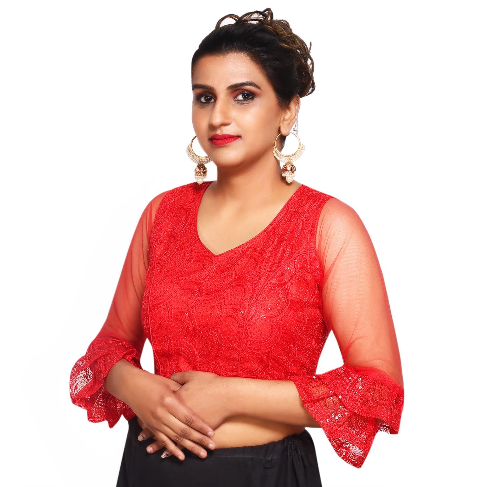 V Neck Red Machine Embroidery Women Blouse
