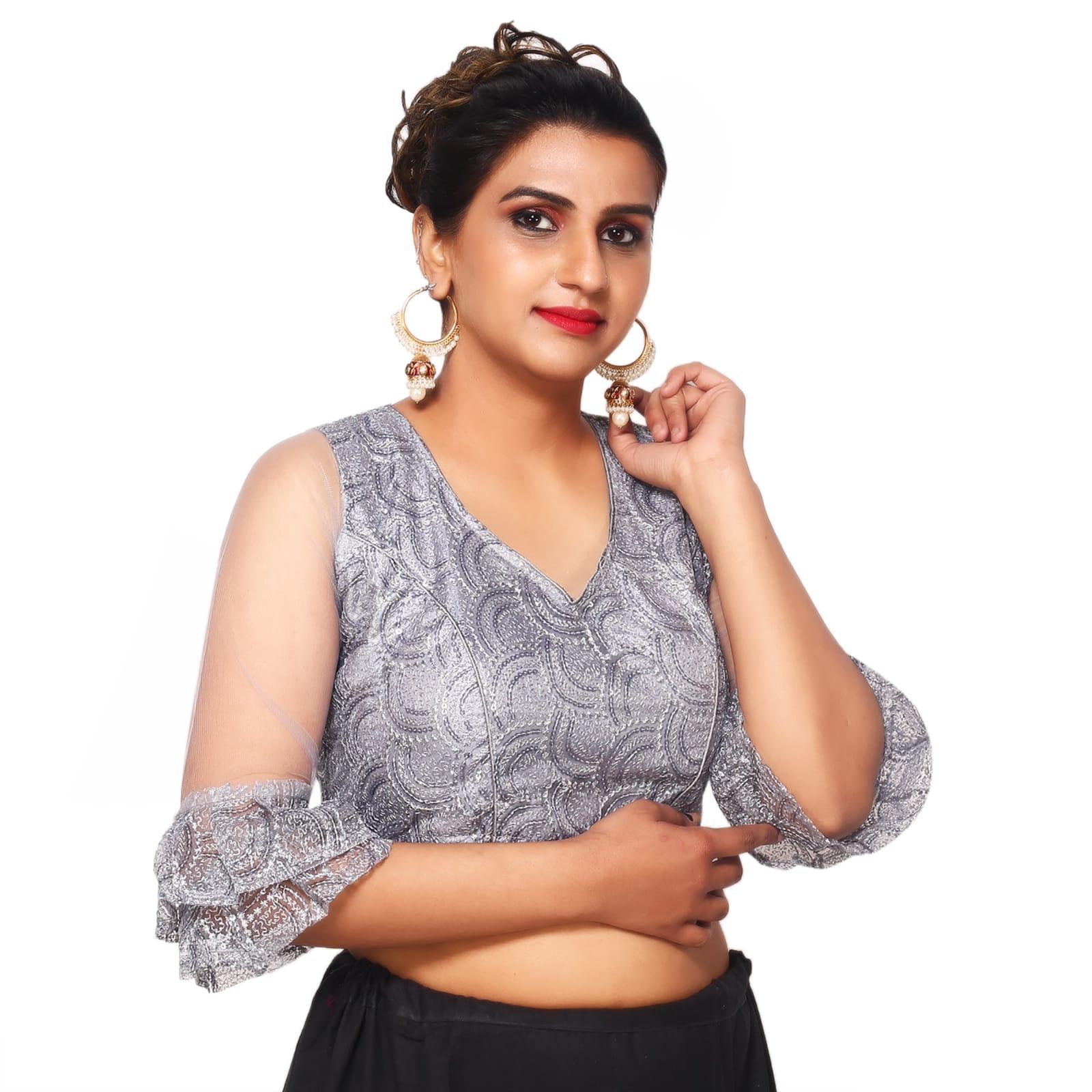 V Neck Grey Machine Embroidery Women Blouse