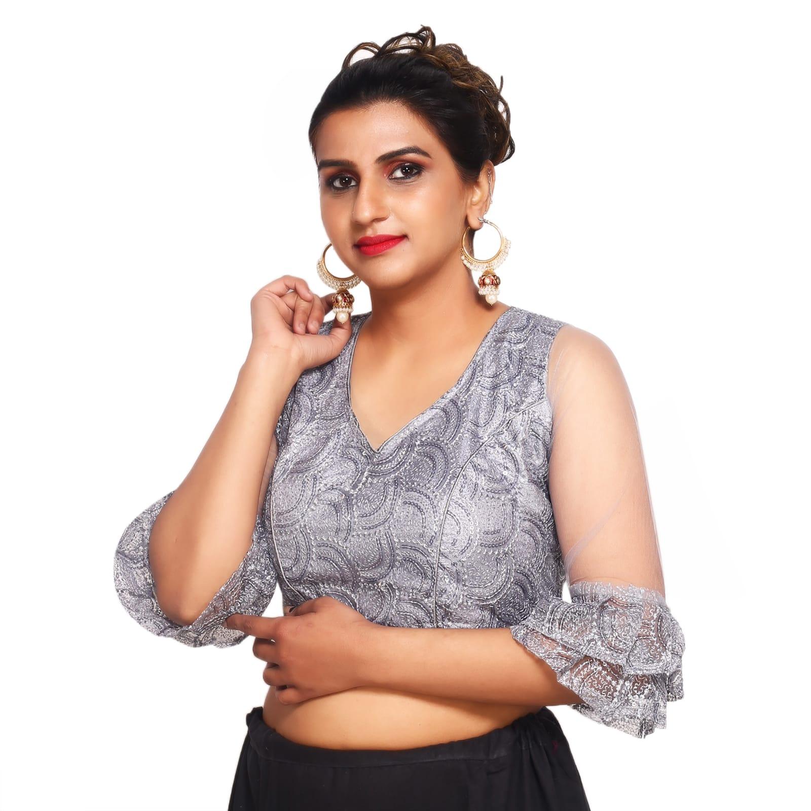 V Neck Grey Machine Embroidery Women Blouse