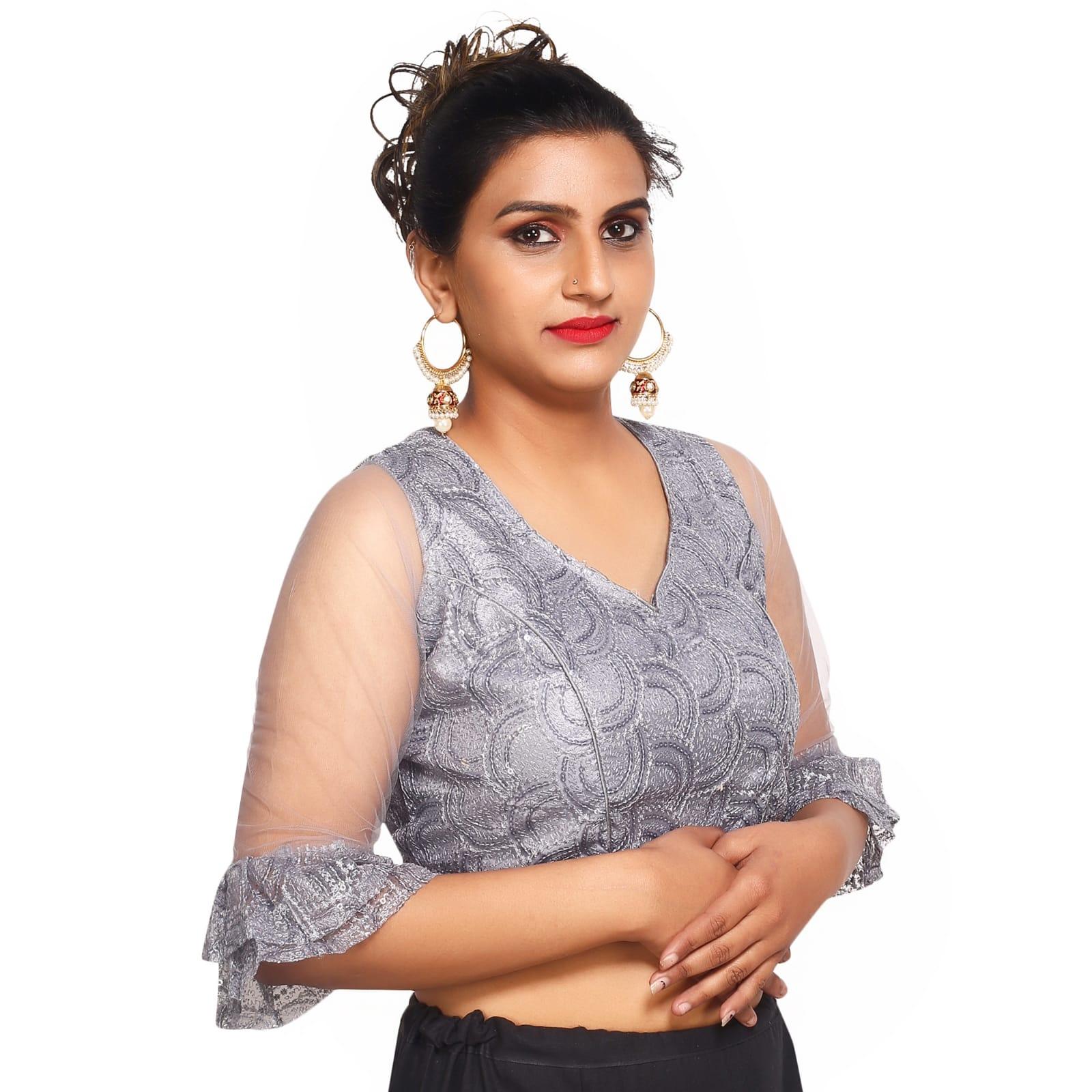V Neck Grey Machine Embroidery Women Blouse