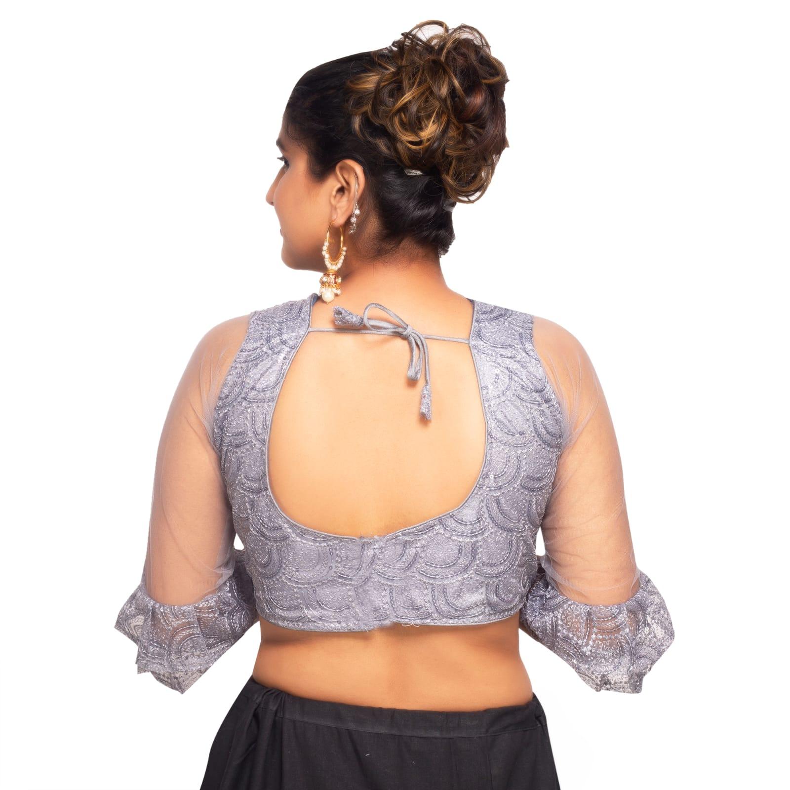 V Neck Grey Machine Embroidery Women Blouse