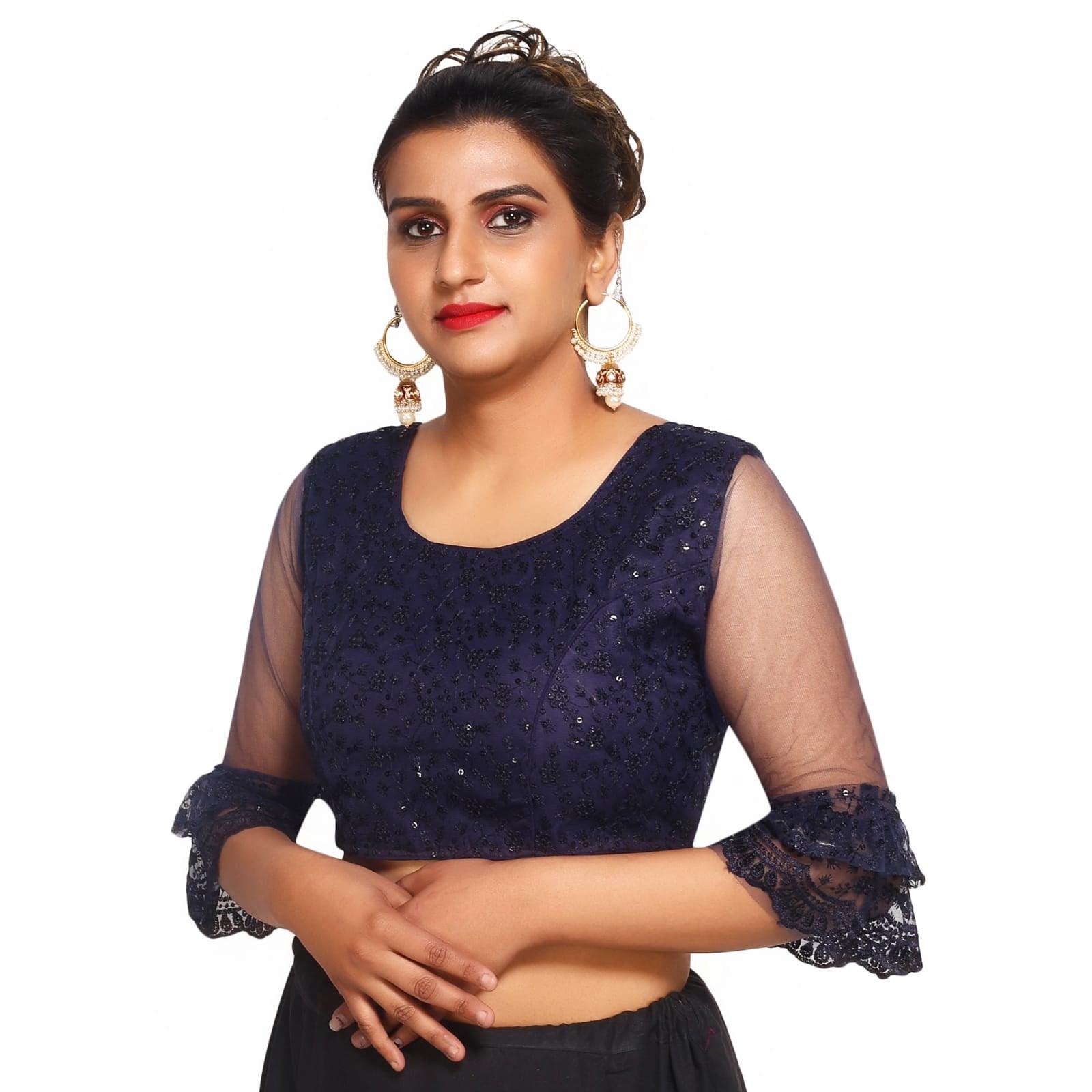 Round Neck Dark Blue Machine Embroidery Women Blouse