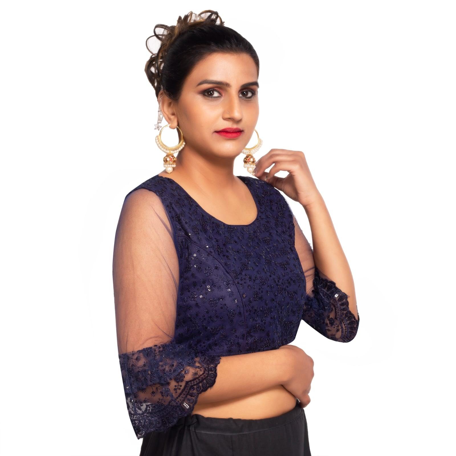 Round Neck Dark Blue Machine Embroidery Women Blouse