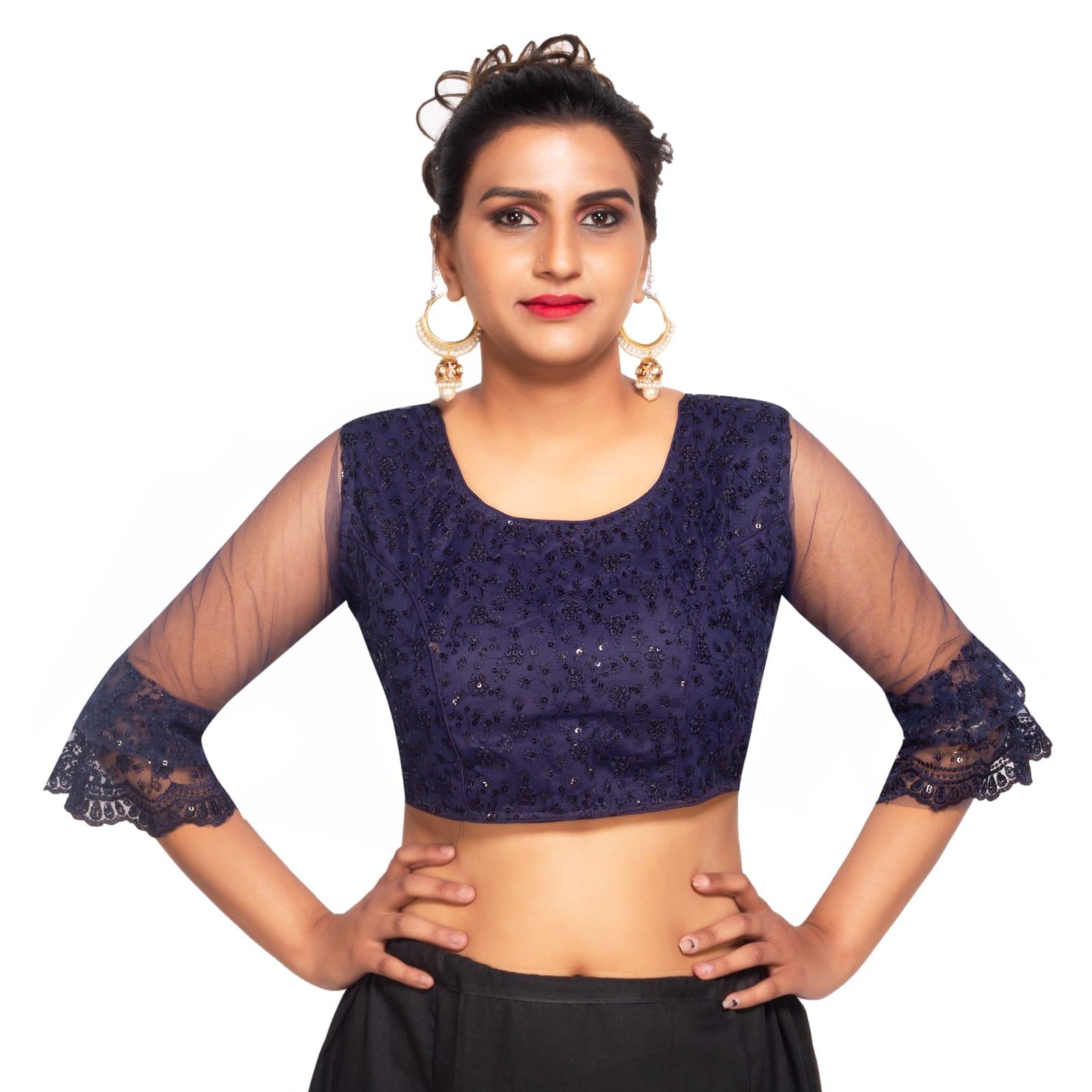Round Neck Dark Blue Machine Embroidery Women Blouse Drak Blue