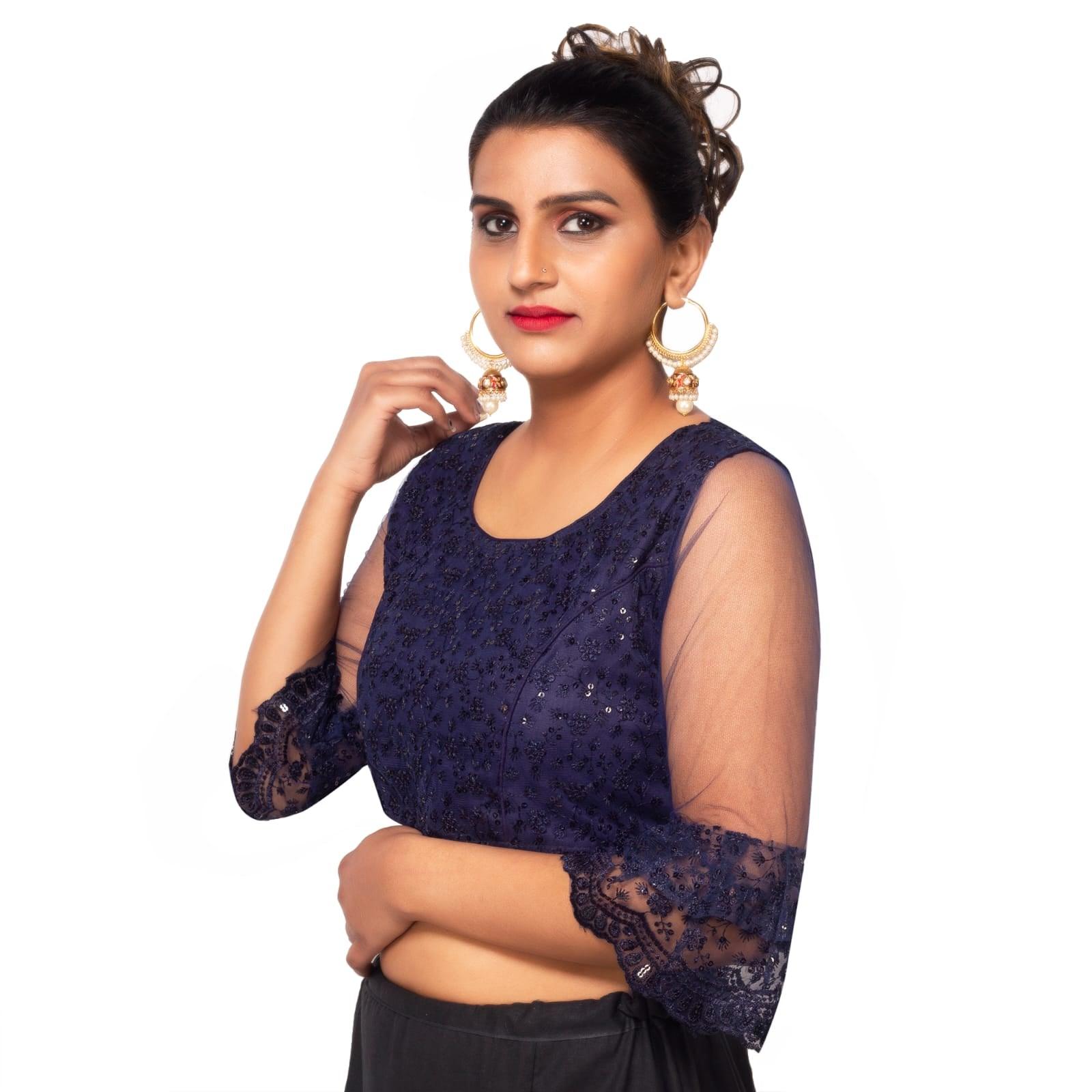 Round Neck Dark Blue Machine Embroidery Women Blouse