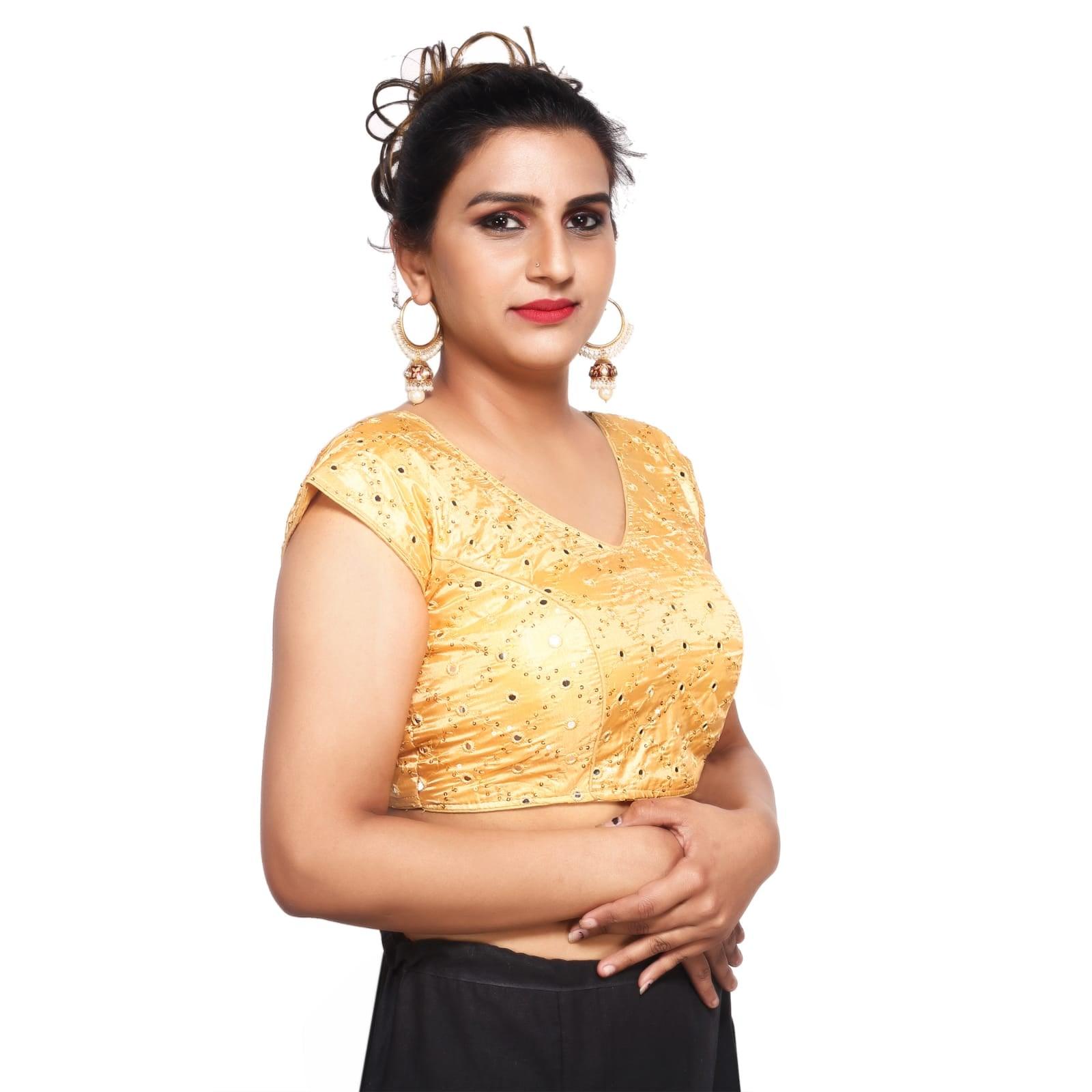 V Neck Mirror Embroidery Golden Women Blouse