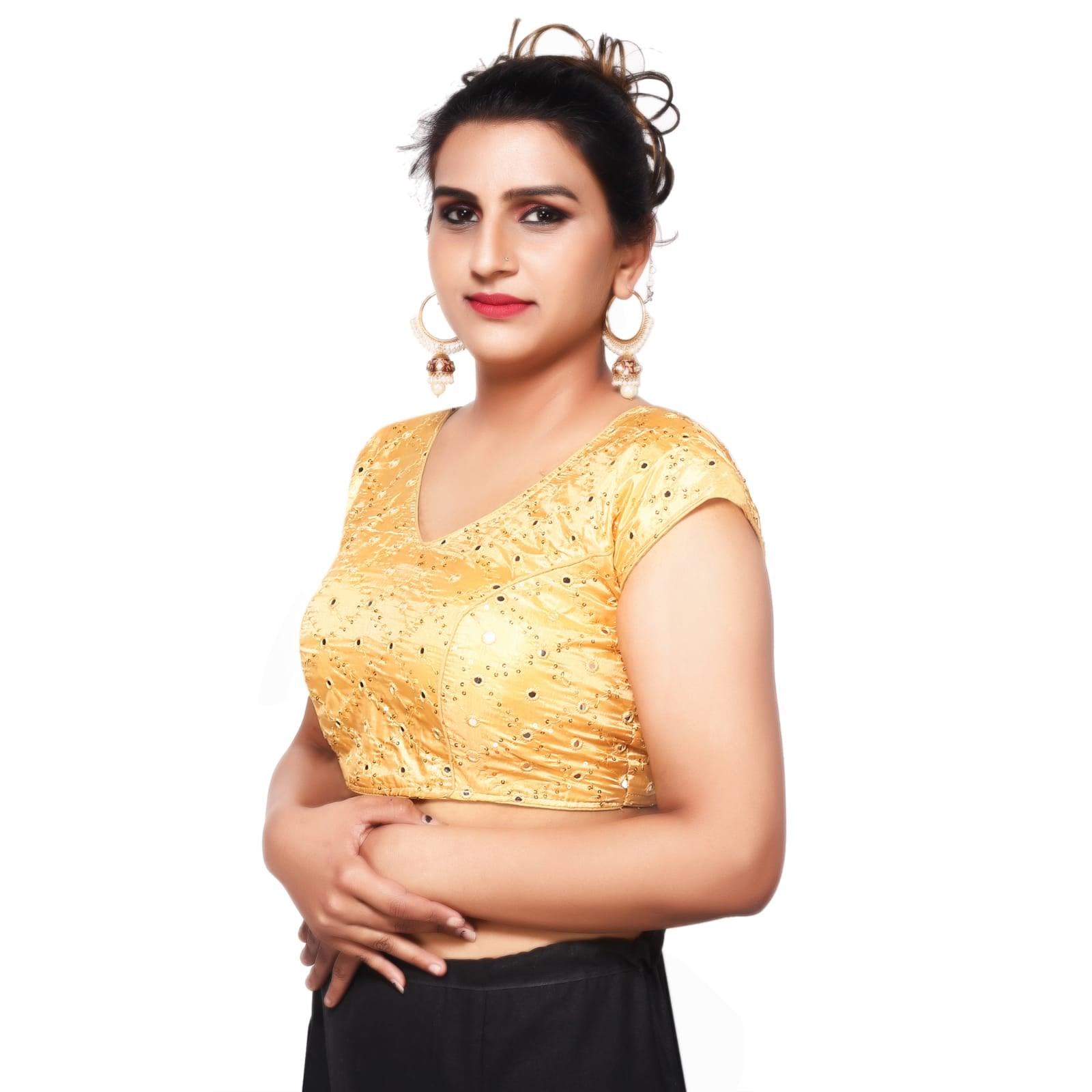 V Neck Mirror Embroidery Golden Women Blouse