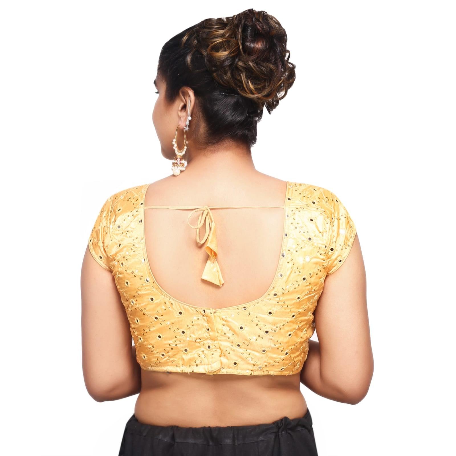 V Neck Mirror Embroidery Golden Women Blouse