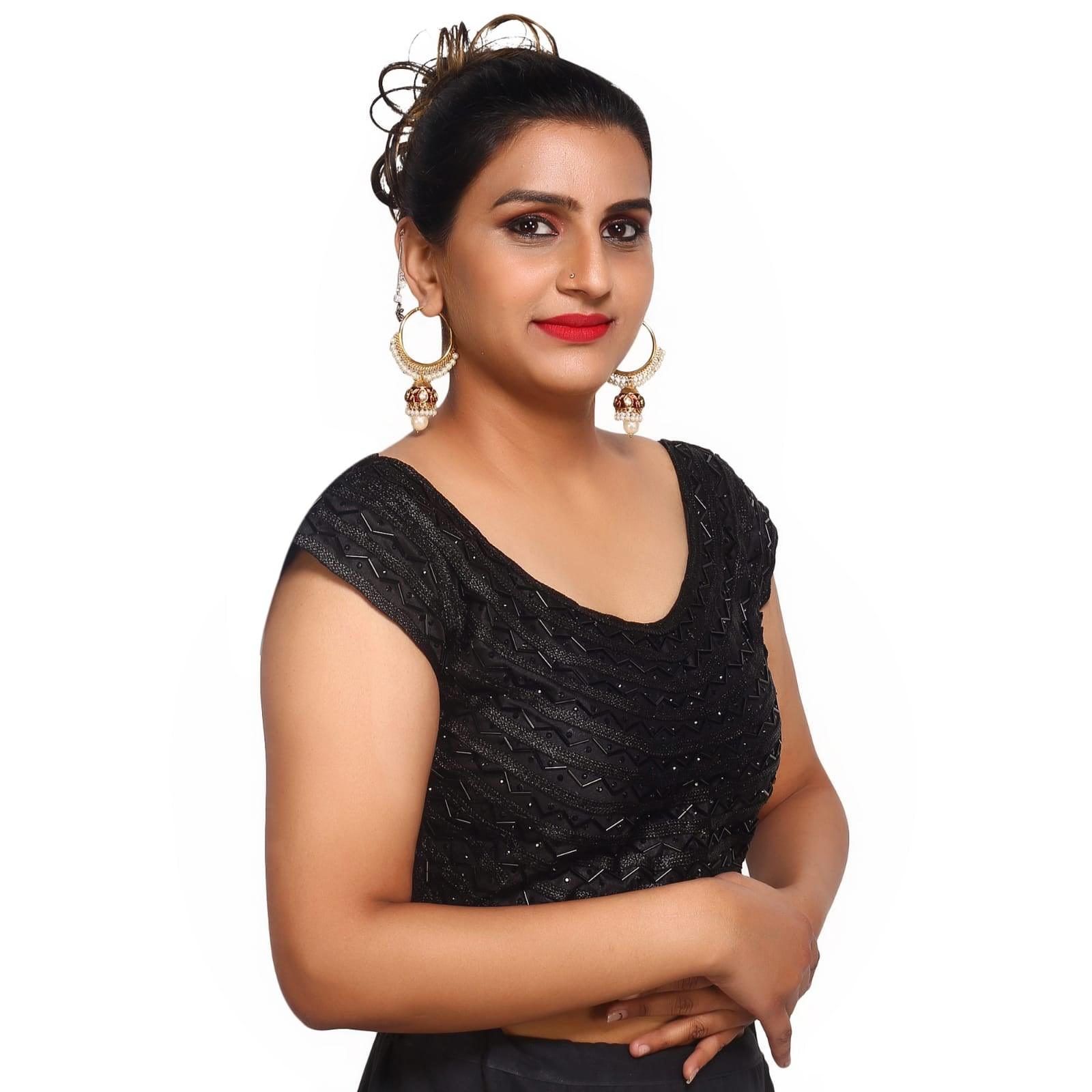 V Neck Black Pipe Embroidery Women Blouse
