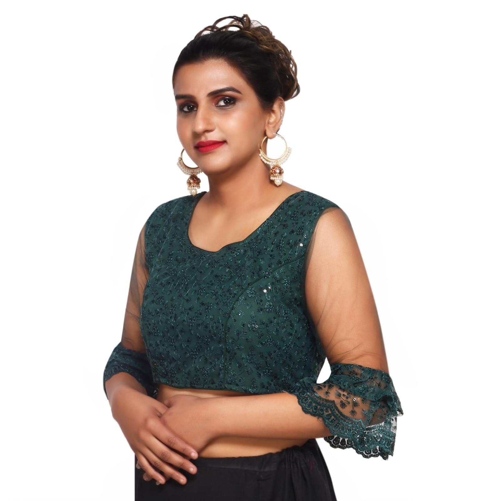 Round Neck Mungia Green Machine Embroidery Women Blouse