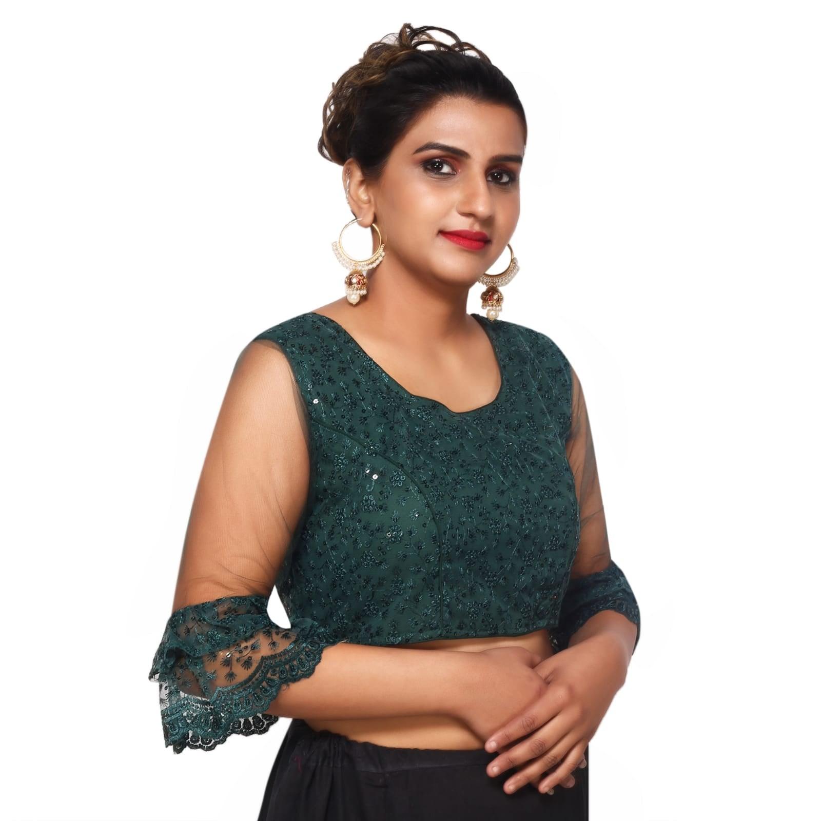 Round Neck Mungia Green Machine Embroidery Women Blouse