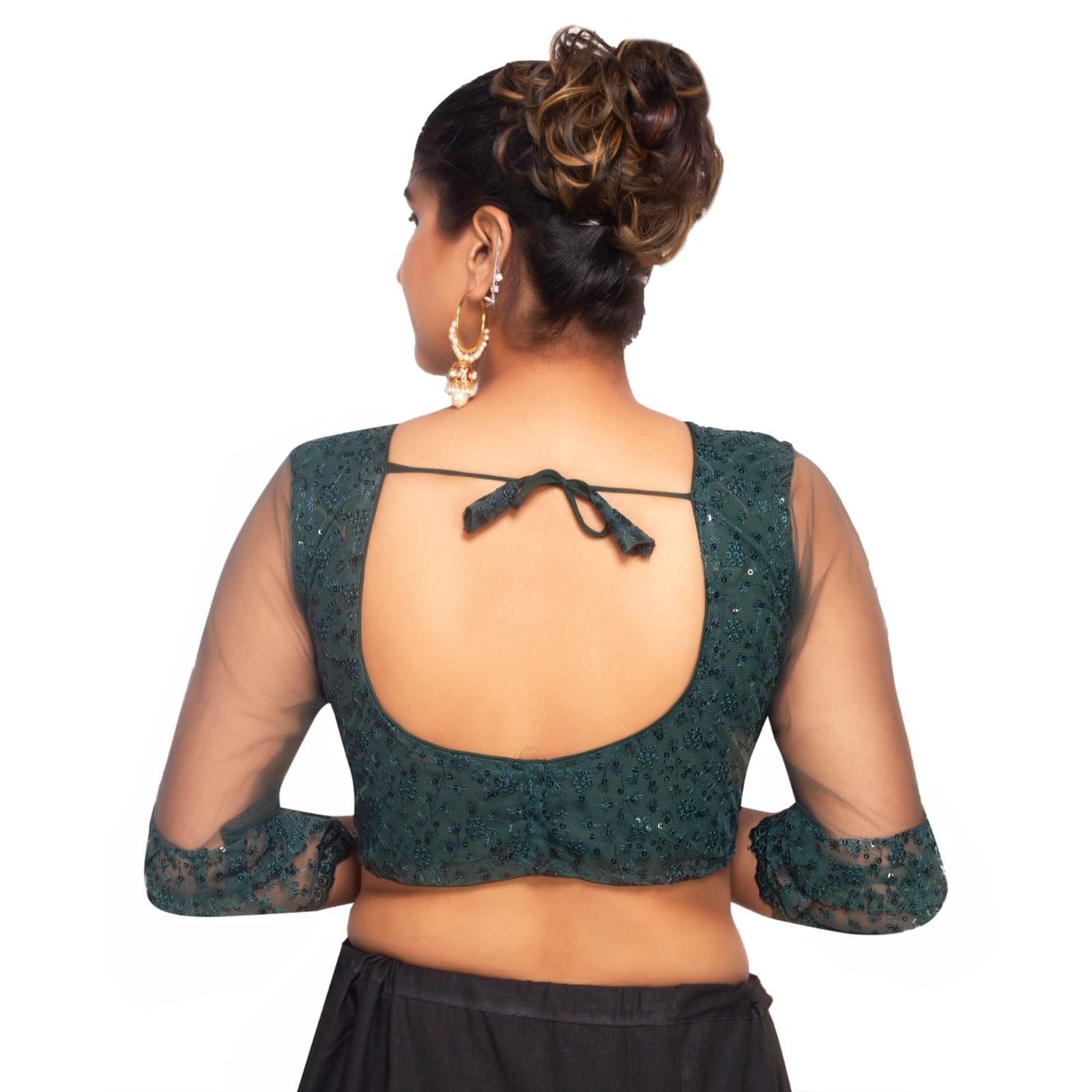 Round Neck Mungia Green Machine Embroidery Women Blouse