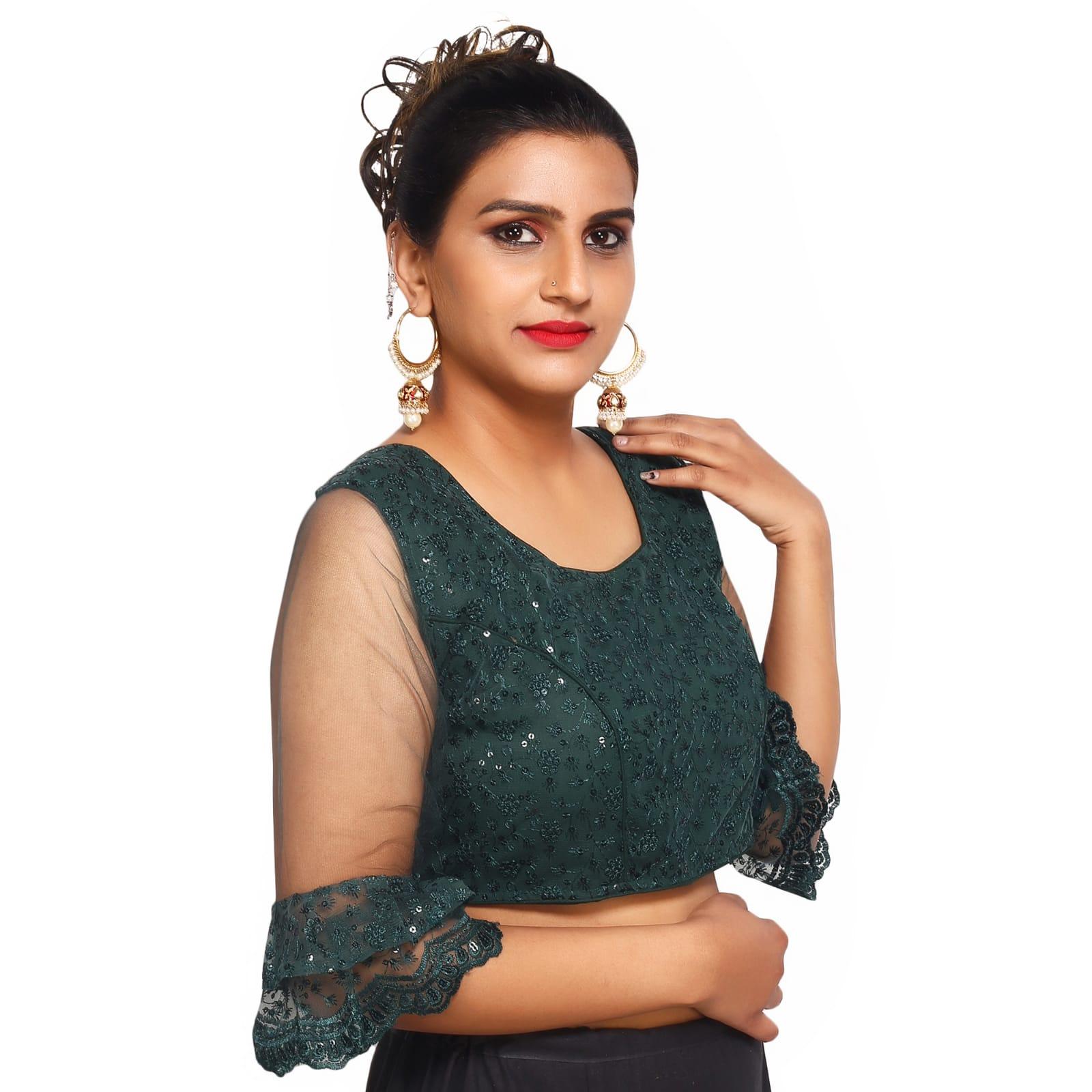 Round Neck Mungia Green Machine Embroidery Women Blouse