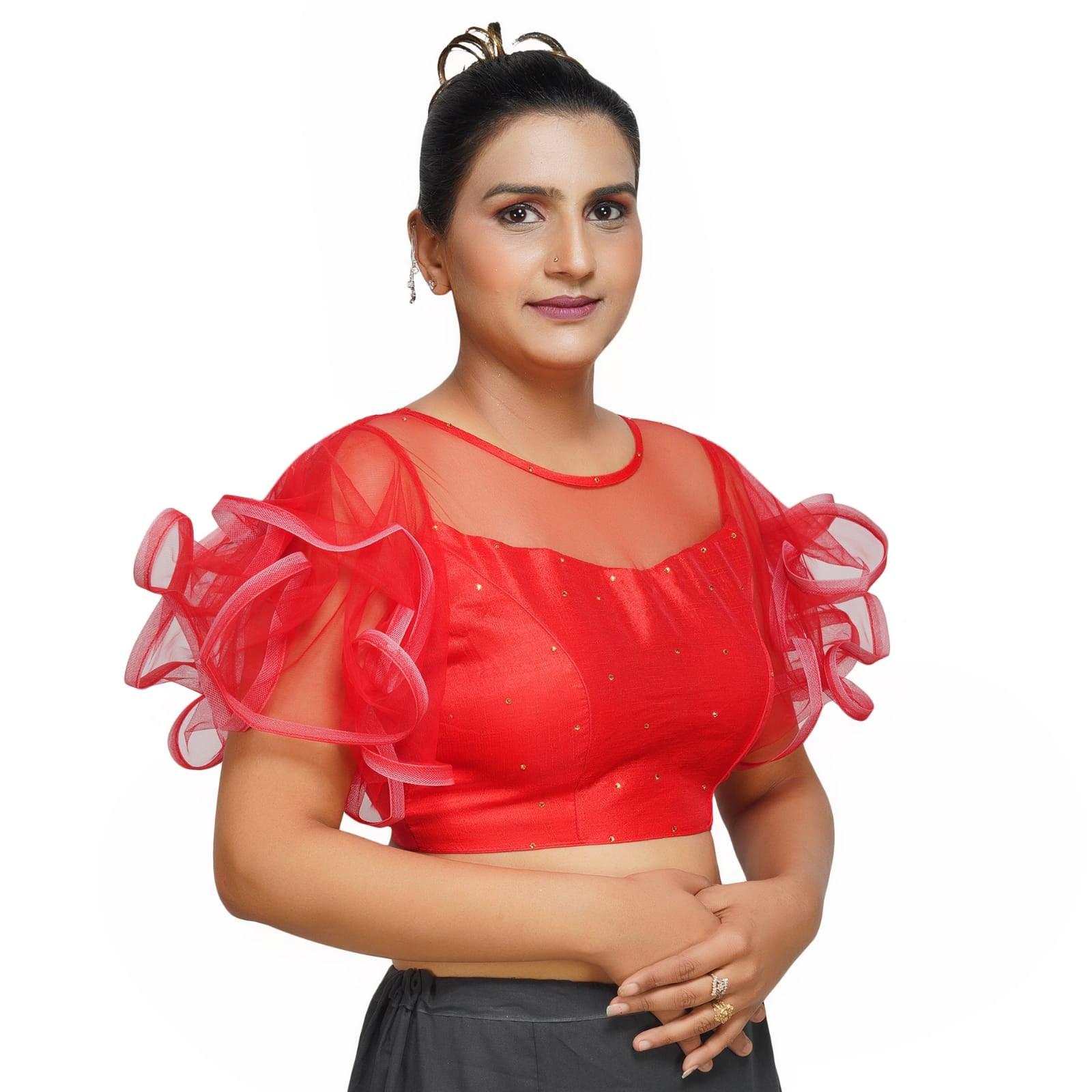 Boat Neck Frill Shoulder Red Women Blouse