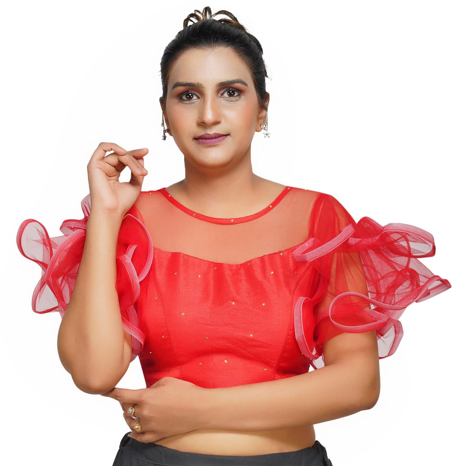 Boat Neck Frill Shoulder Red Women Blouse