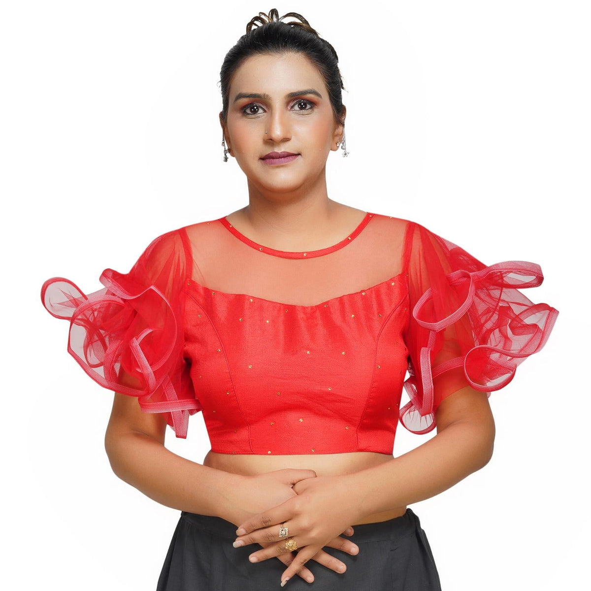 Boat Neck Frill Shoulder Red Women Blouse Red