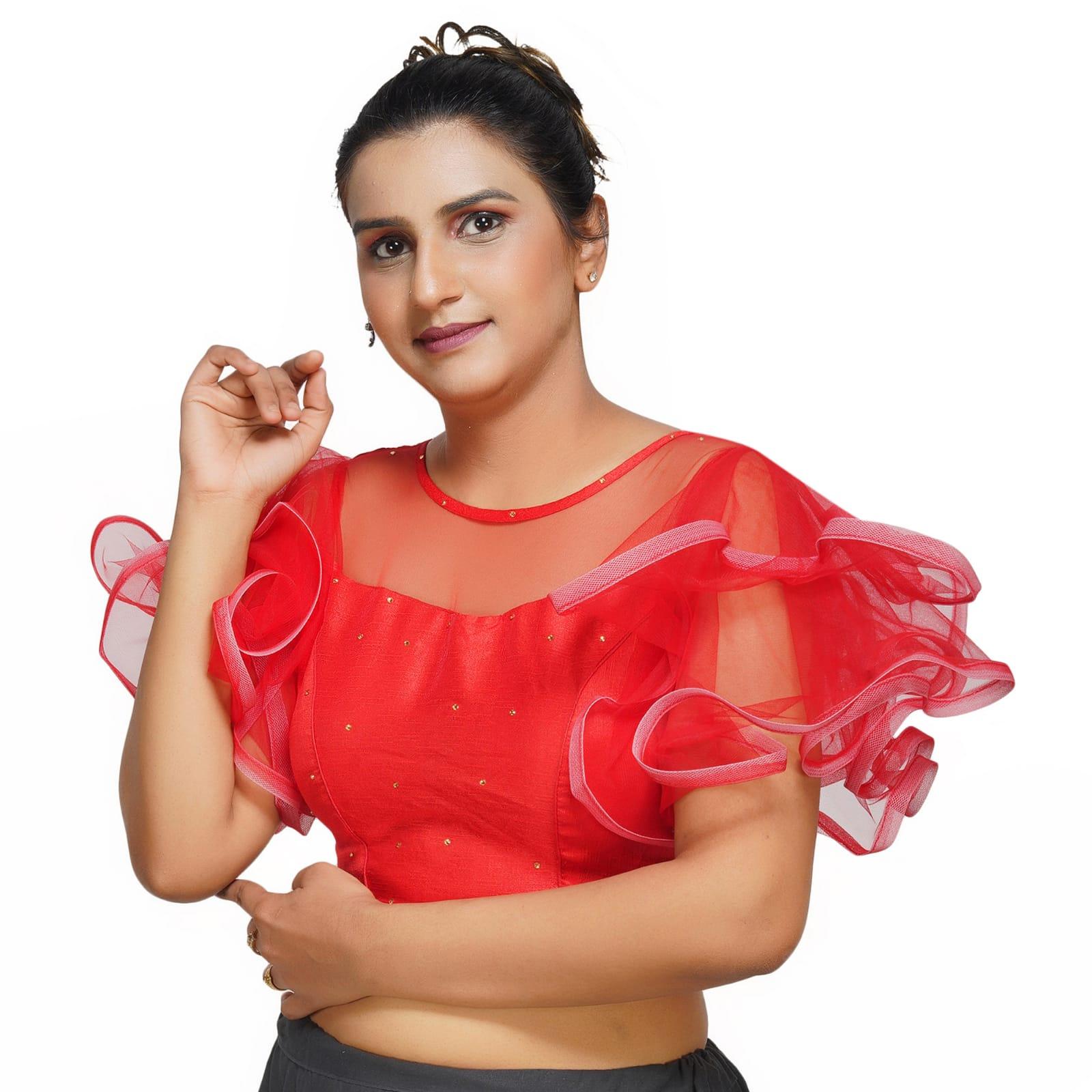 Boat Neck Frill Shoulder Red Women Blouse