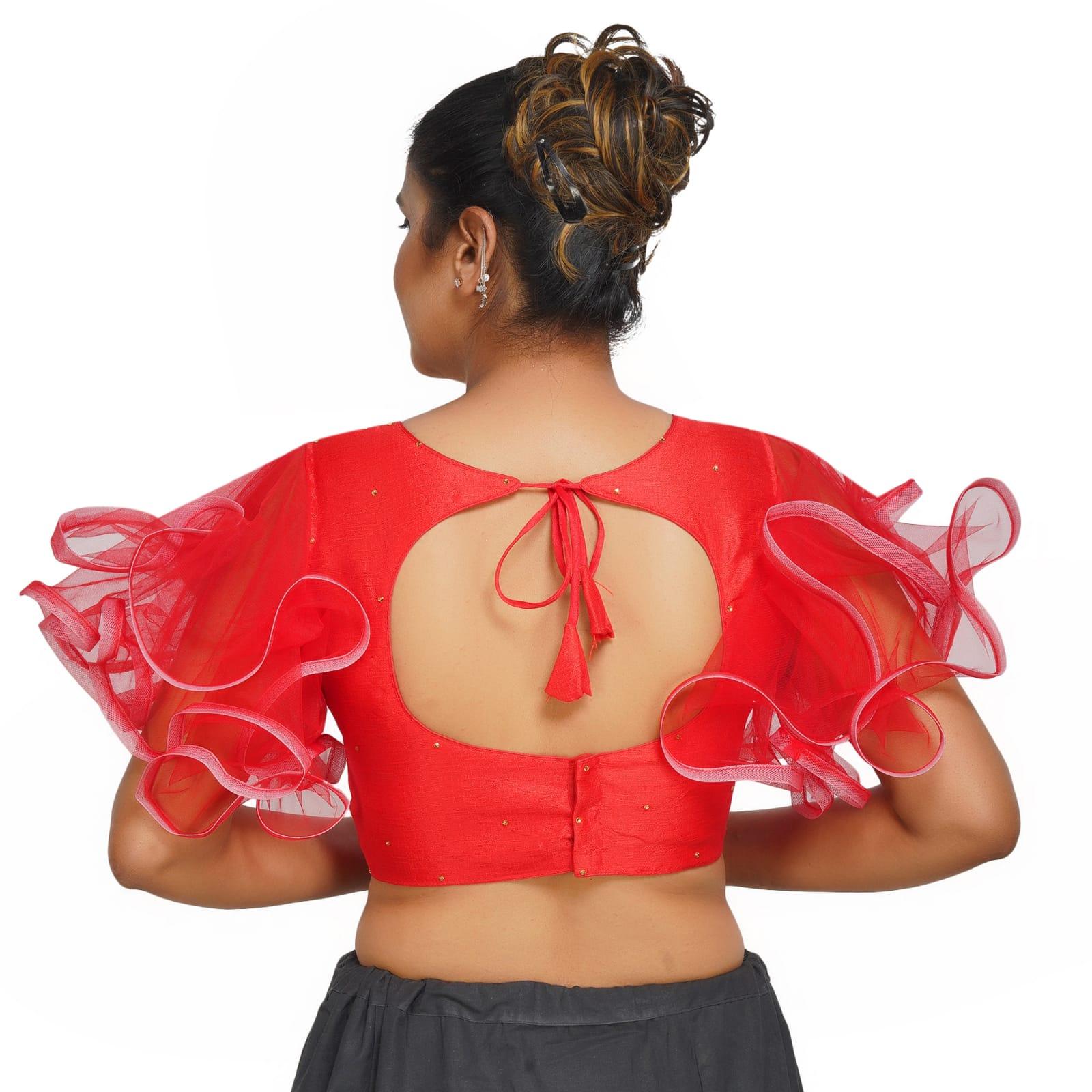 Boat Neck Frill Shoulder Red Women Blouse
