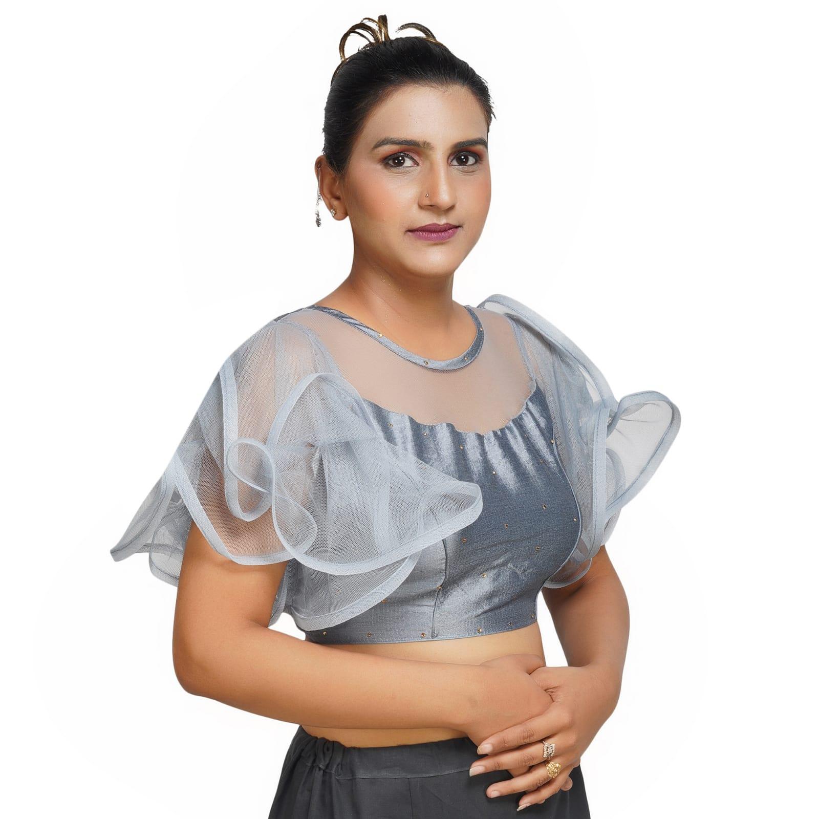 Boat Neck Frill Shoulder Grey Women Blouse