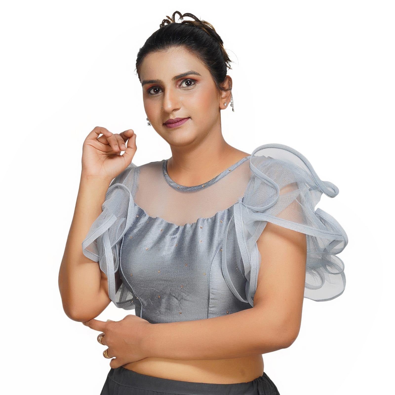 Boat Neck Frill Shoulder Grey Women Blouse