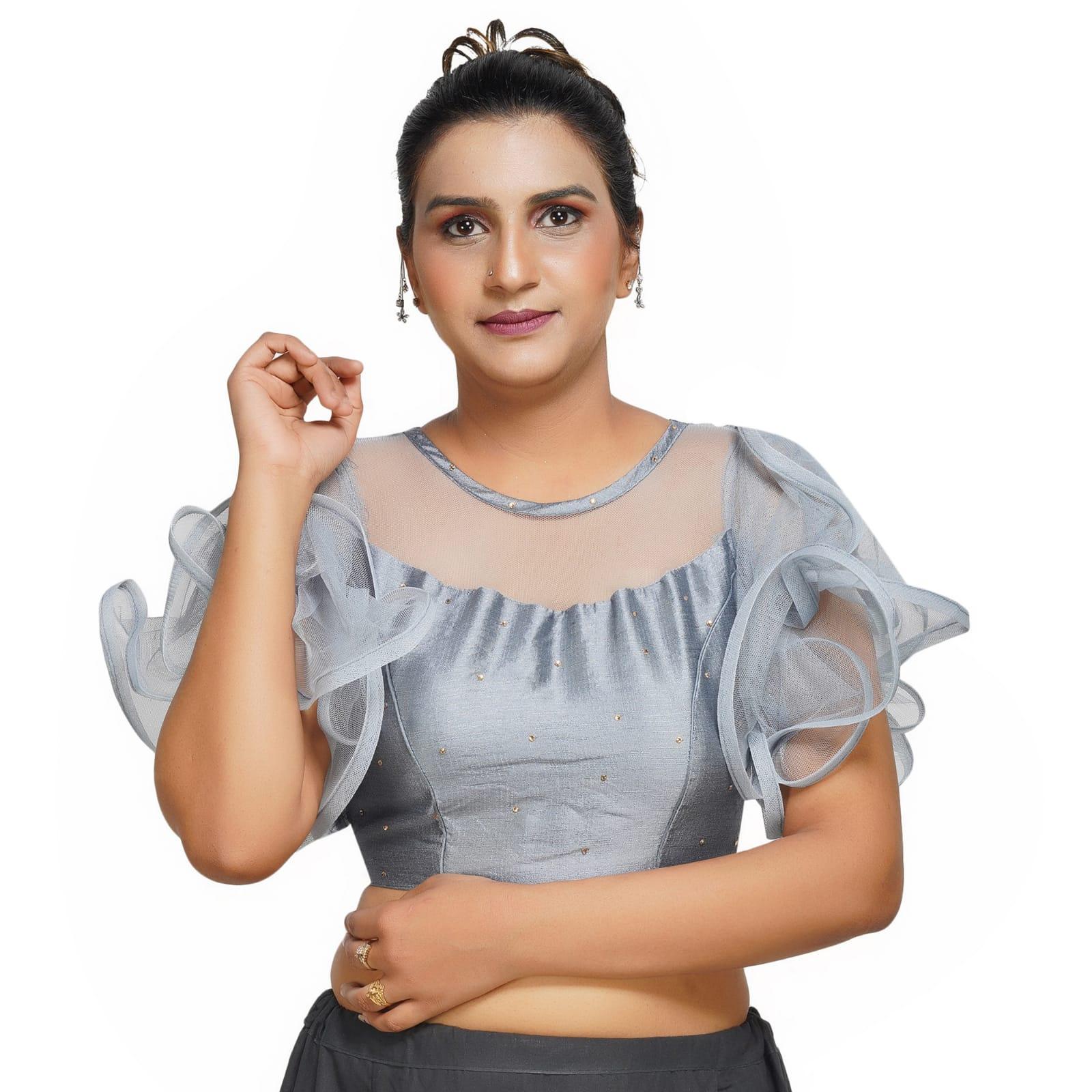 Boat Neck Frill Shoulder Grey Women Blouse