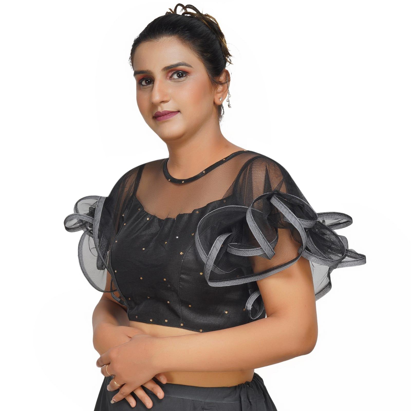 Boat Neck Frill Shoulder Black Women Blouse
